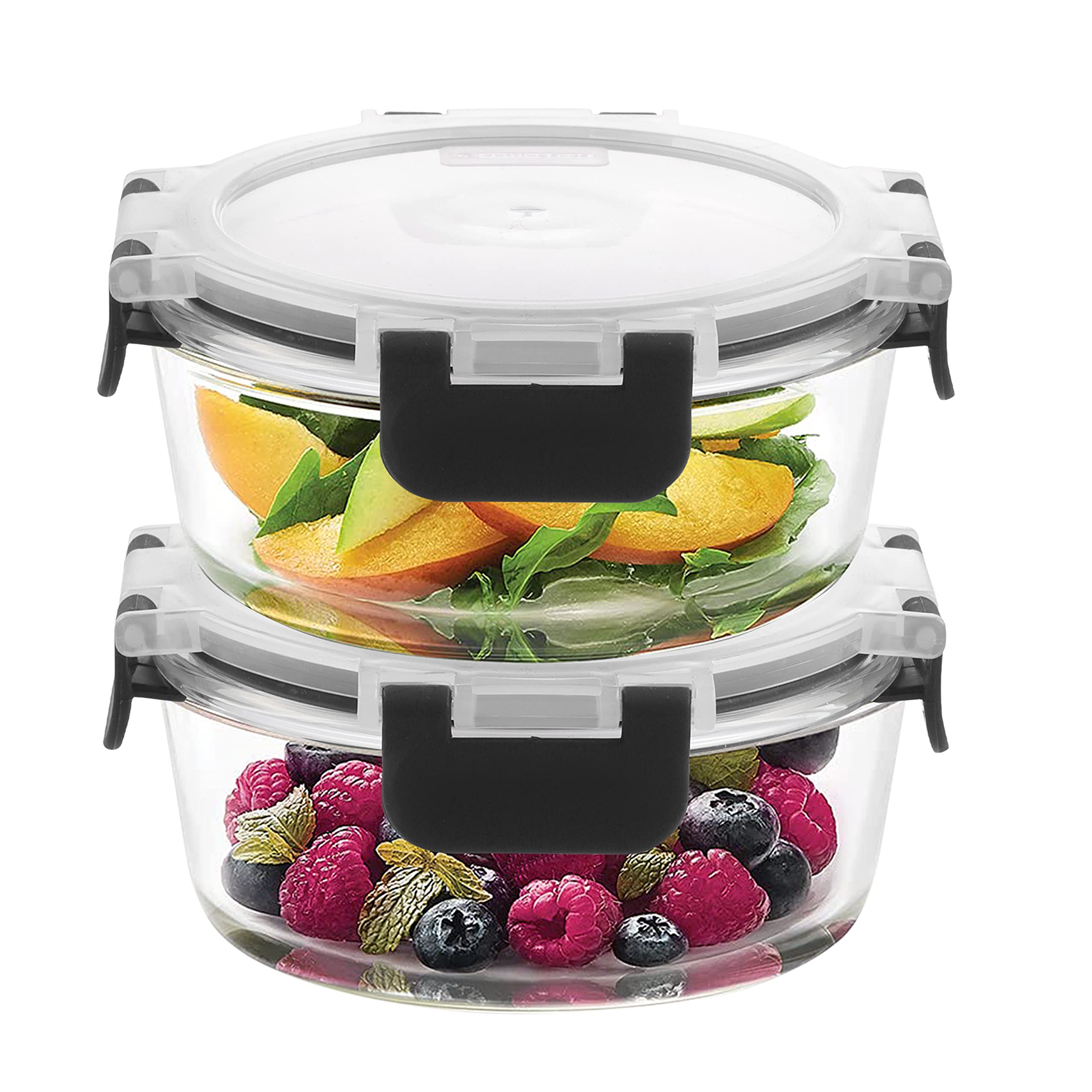 Cutting Edge 400Ml Round Glass Detachable Lock Container,Black(Set Of 2)
