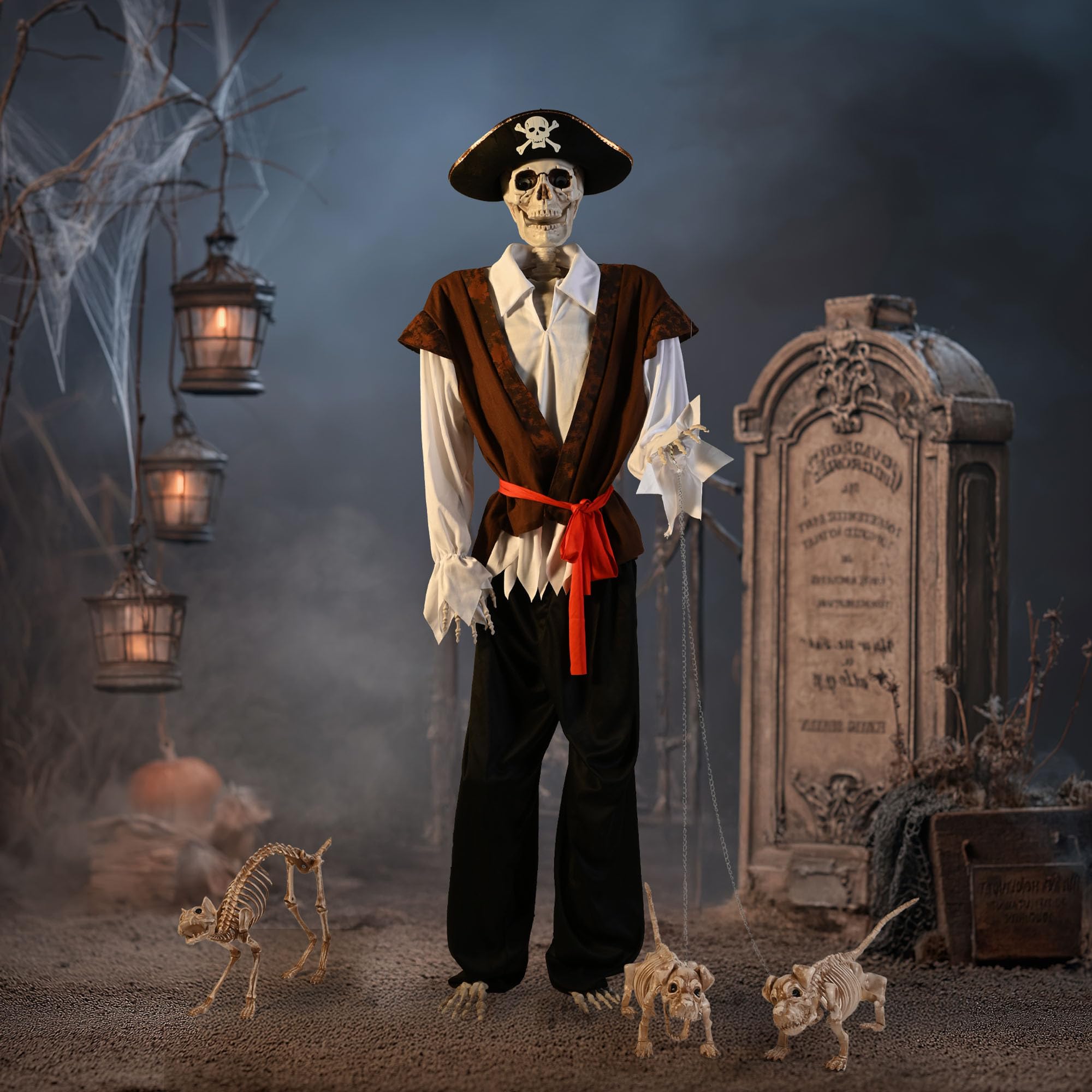 AW Skeleton Pirate Captain Life Size 5.4FT Halloween Decoration Movable Joints Human Bone with Detailed Costume Outdoor Yard Ind