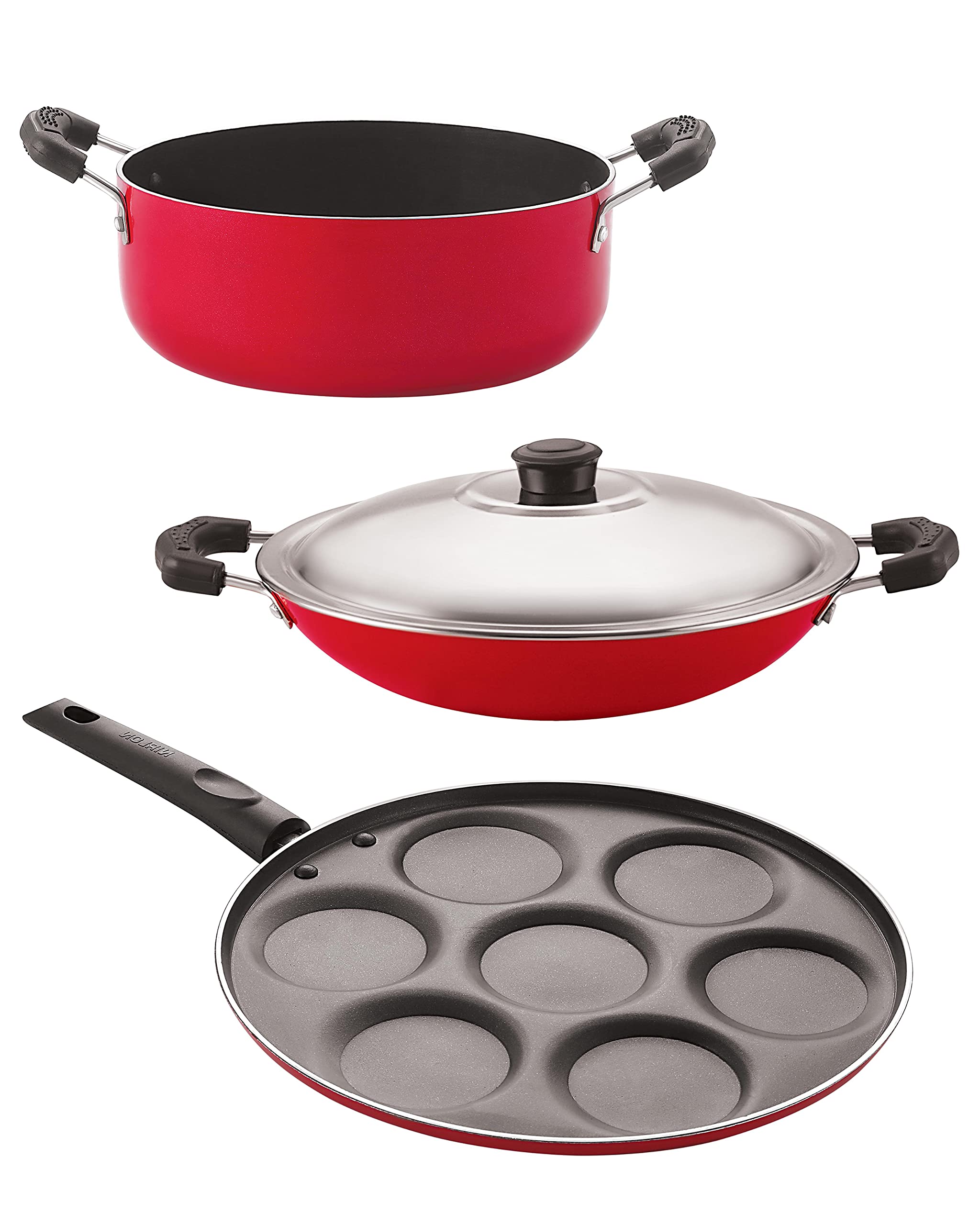 Nirlon NonStick Odor Free 3 Piece Gas Compatible Cookware Combo Set Offer With Bakelite Handle, Red And Black Color (Ac_Up7_Cs2