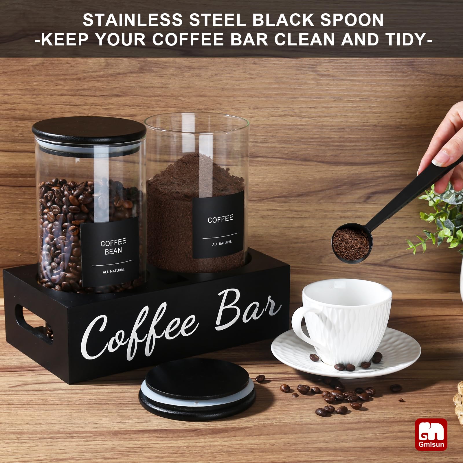 Gmisun Coffee Container, 2Pcs 50Oz Black Glass Coffee Bean Storage Canister With Airtight Lids, Coffee And Sugar Jar Set With Sc