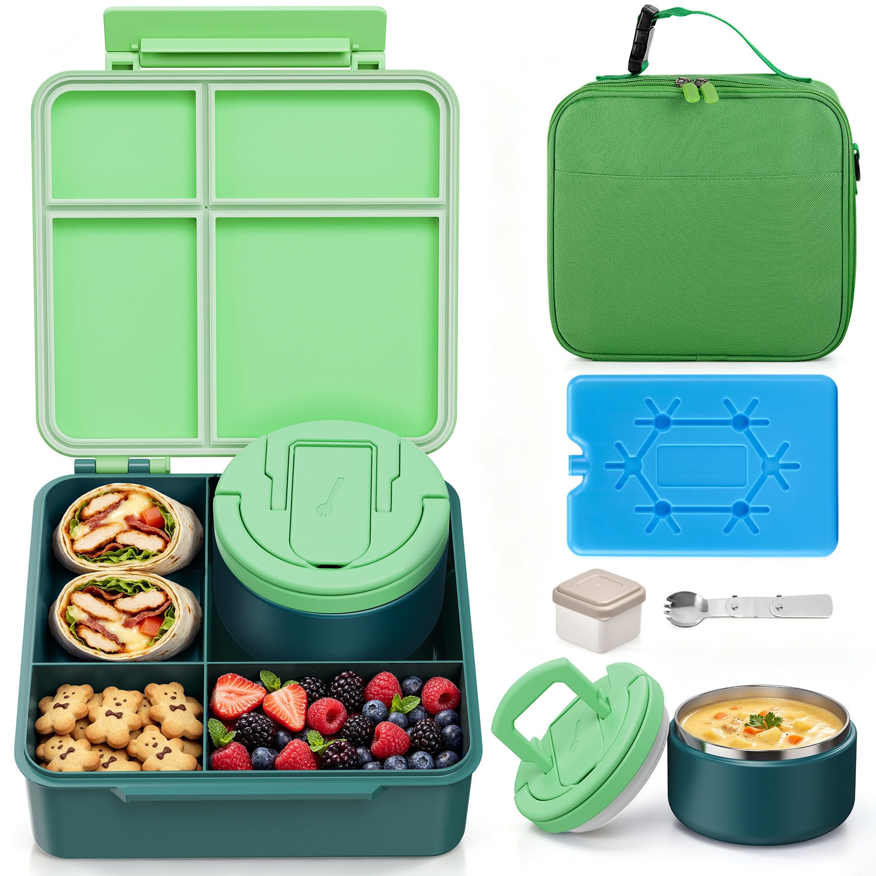 MAXSO Bento Lunch Box Set with 8 oz Soup Thermo, Kids Leakproof 4 Compartments Hot Food Container with Sauce Cup, Ice Pack and L