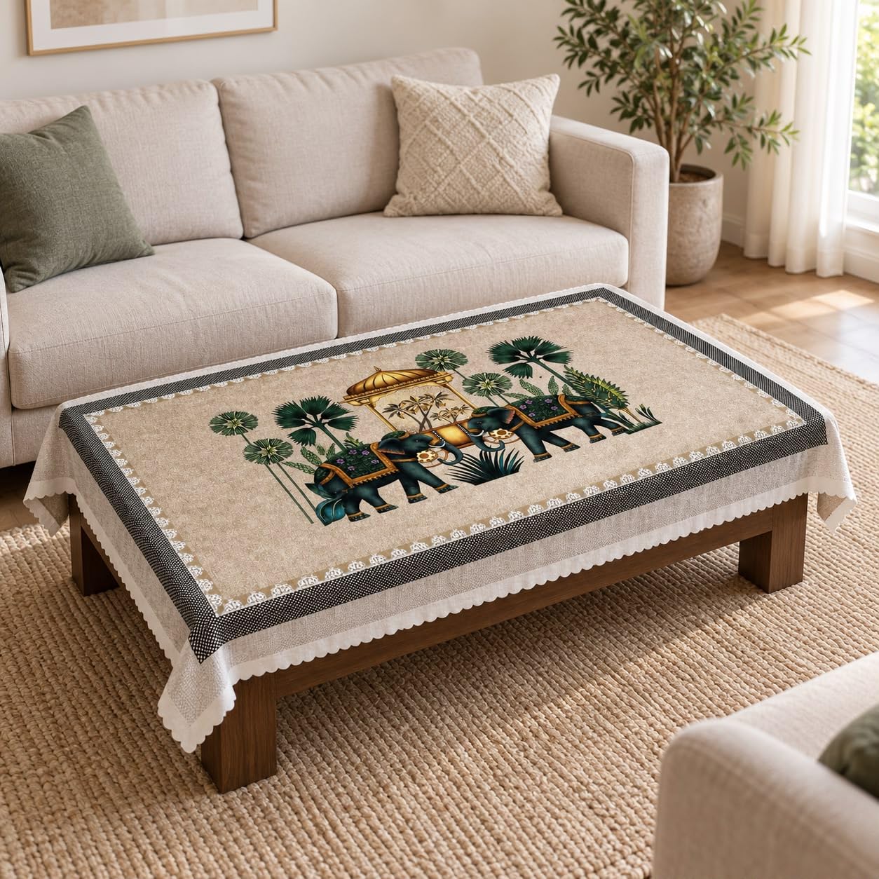 Prabh Living Table Cover 36 X 56 Inches, Digital Printed Polyester Table Cloth With Elephant & Floral Design, Decorative Dining