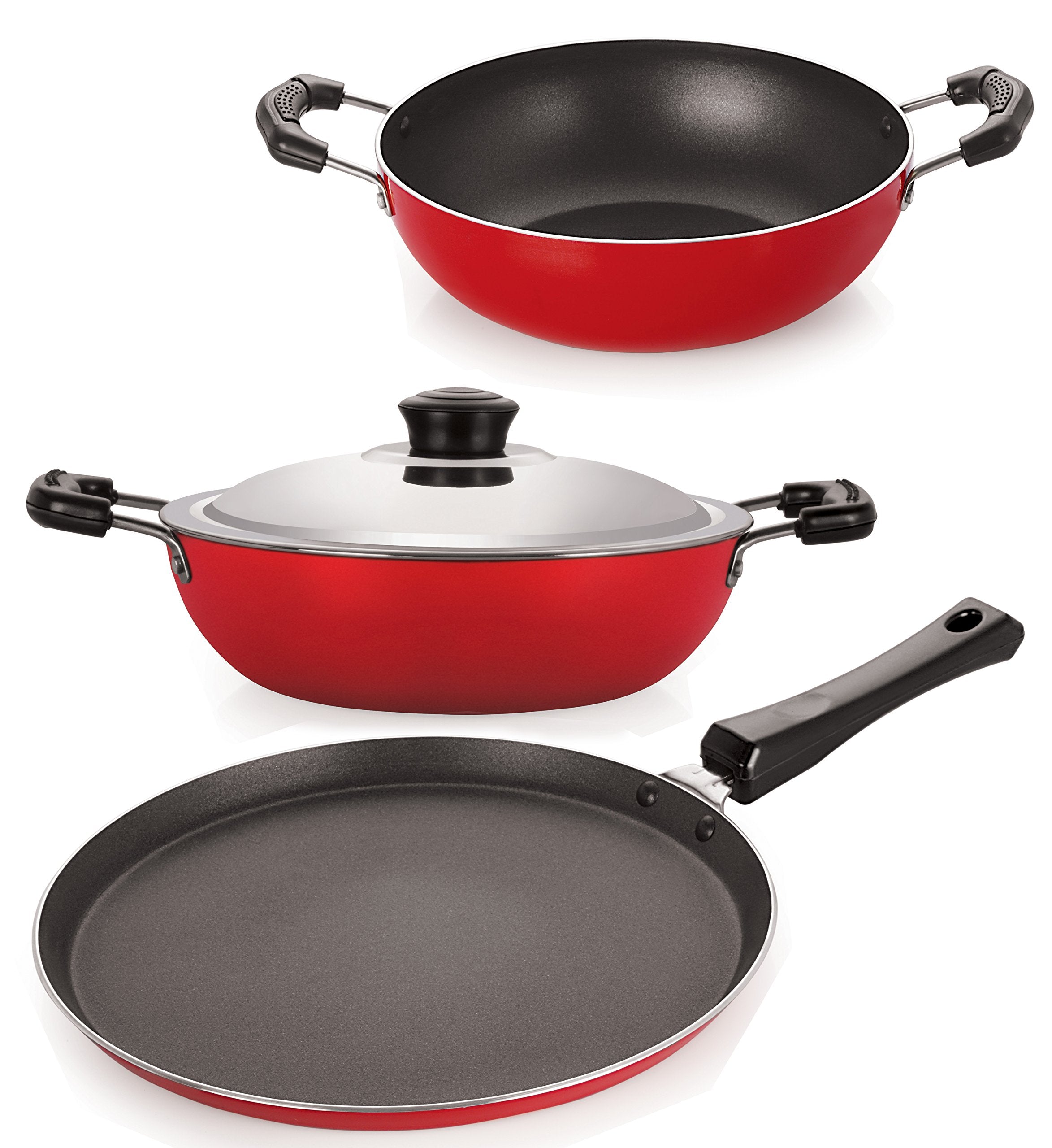 Nirlon NonStick Aluminium Cookware Set, 3Pieces, Red (26_Dkdm_Kd13_Ft11)