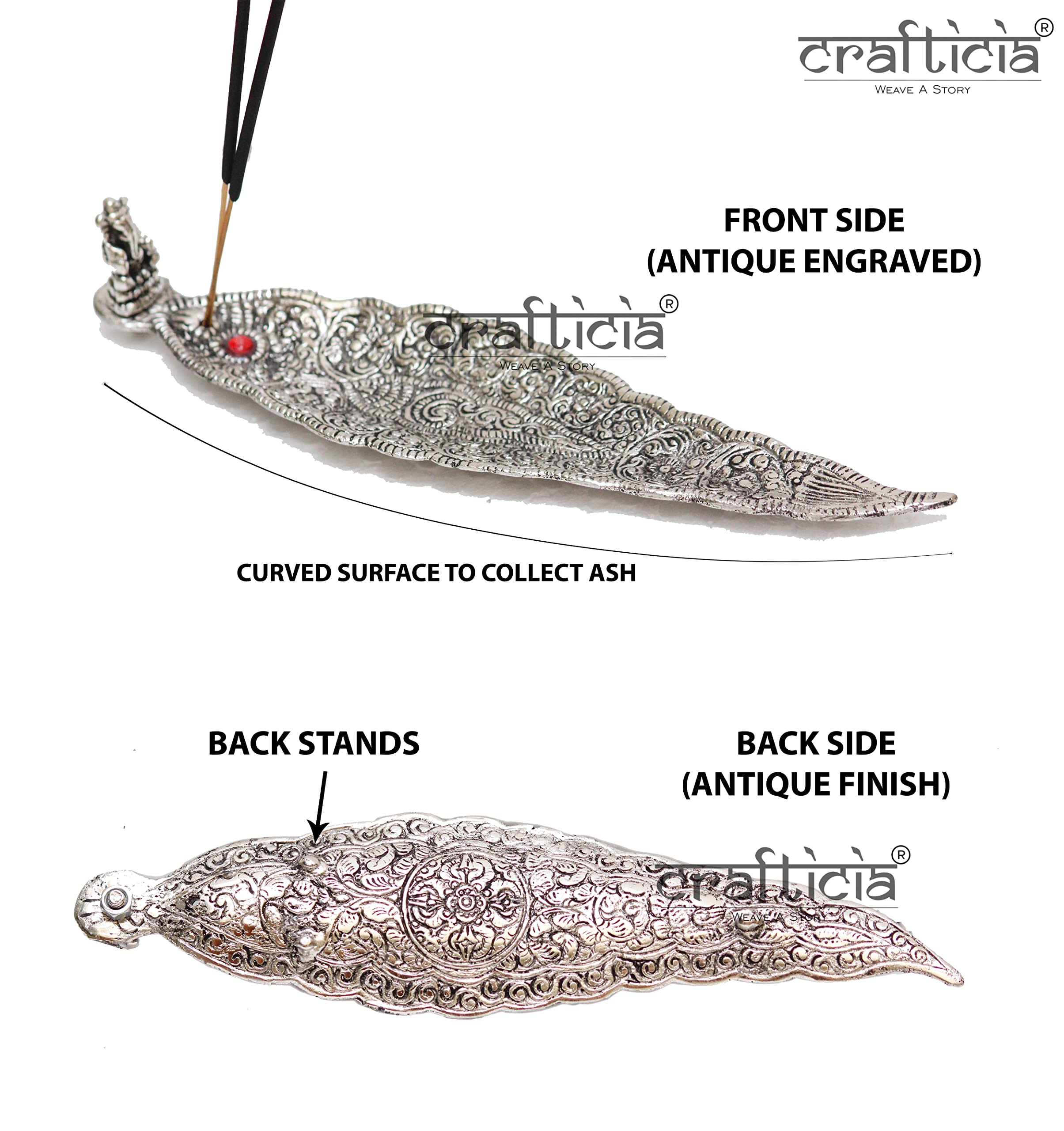 Crafticia Aluminum Incense Holder & Ash Catcher Agarbatti Stand Featuring Ganesh Figurine (9x2 inch) (Silver, 10)