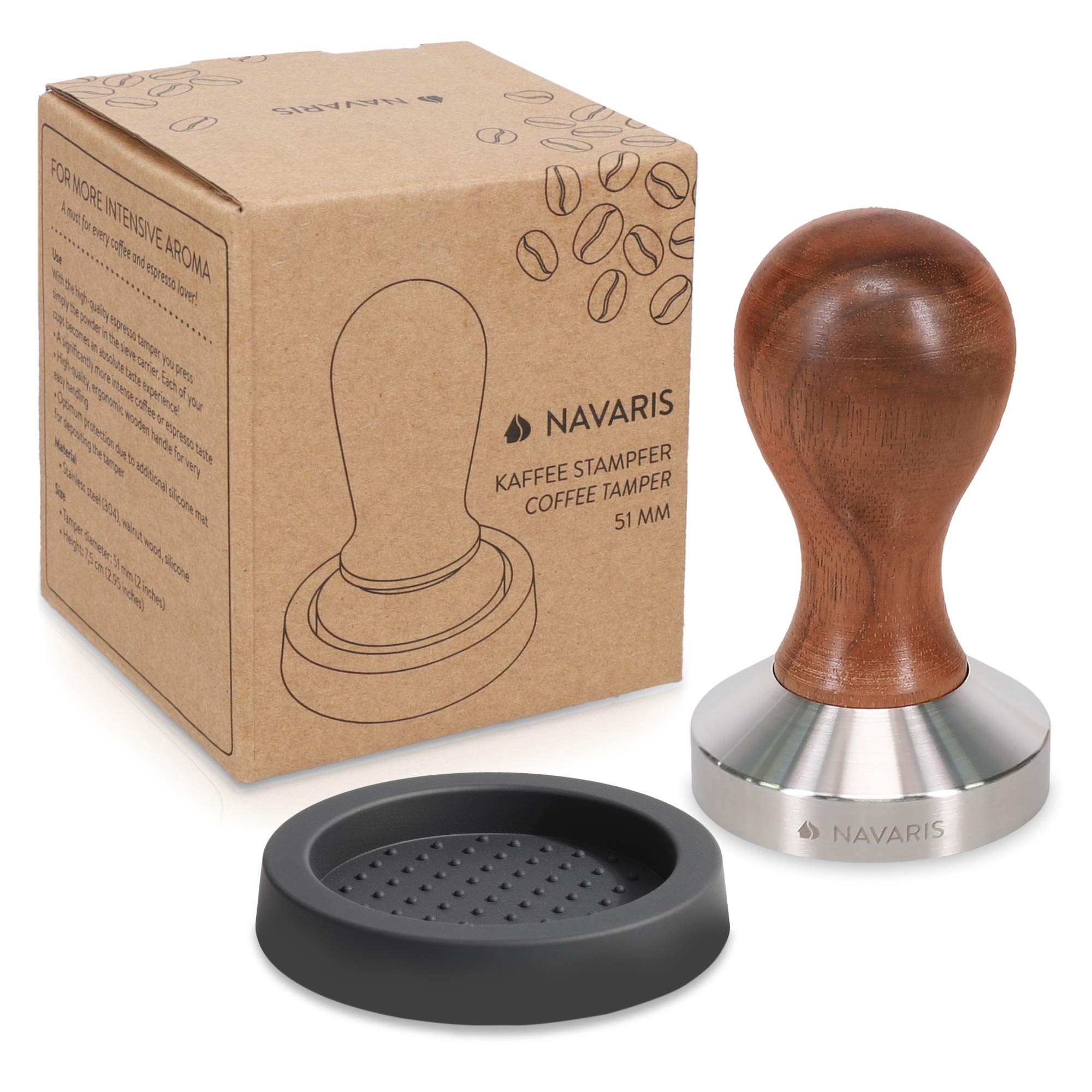 Navaris Coffee Tamper - Handheld Stainless Steel Espresso Press With Walnut Handle For Coffee Grounds - 2 Inch (51 Mm) Coffee Gr