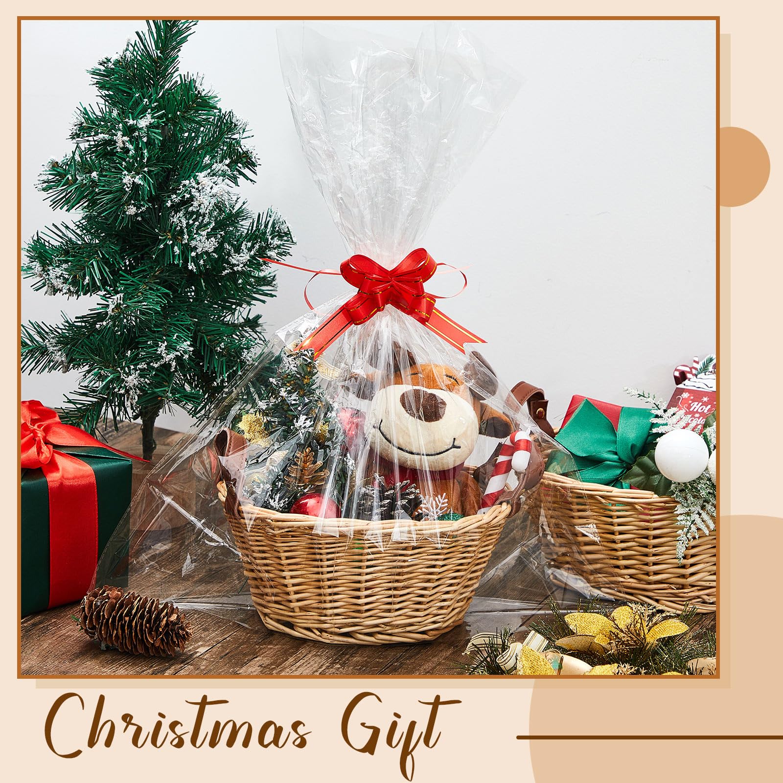 Sintuff 10 Pcs Small Wicker Basket for Gifts, Empty to Fill Chocolate Nuts Cookies Fruits with Handle, Clear Cellophane Wrap Bag