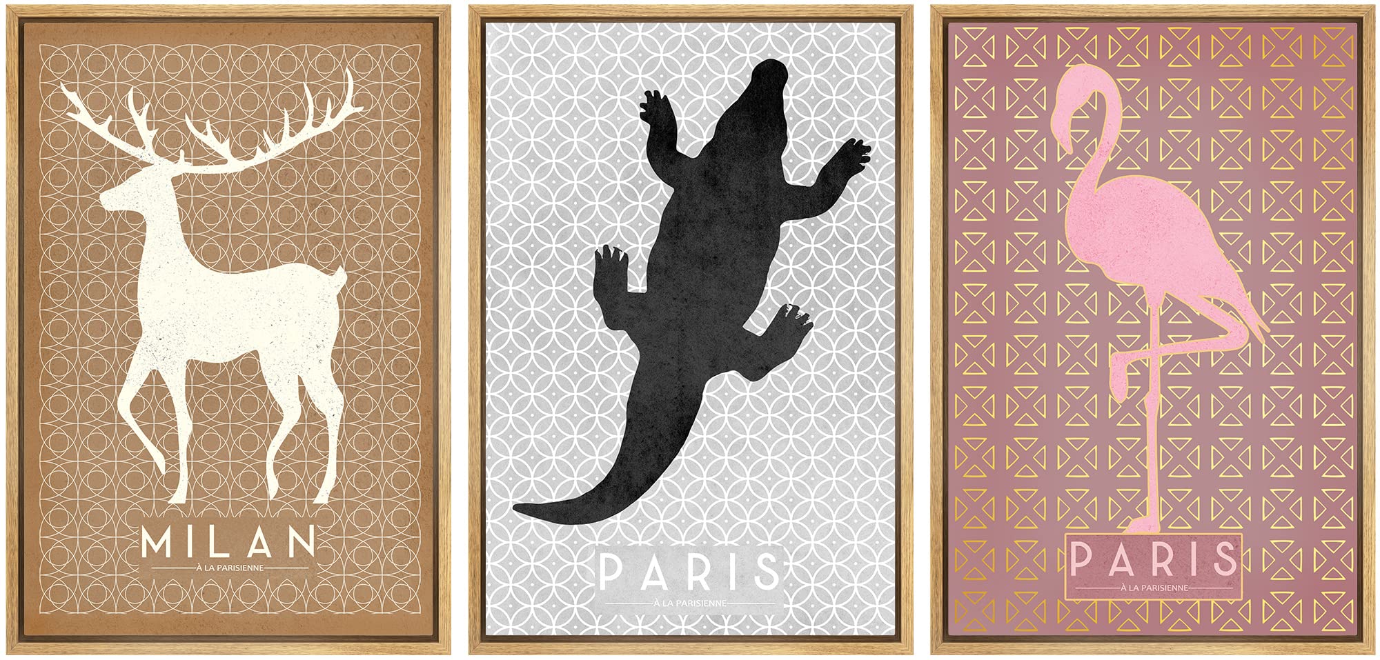 Signwin Framed Canvas Print Wall Art Set Milan Alligator, Flamingo Pattern Nature Animals Illustrations Modern Art Rustic Group