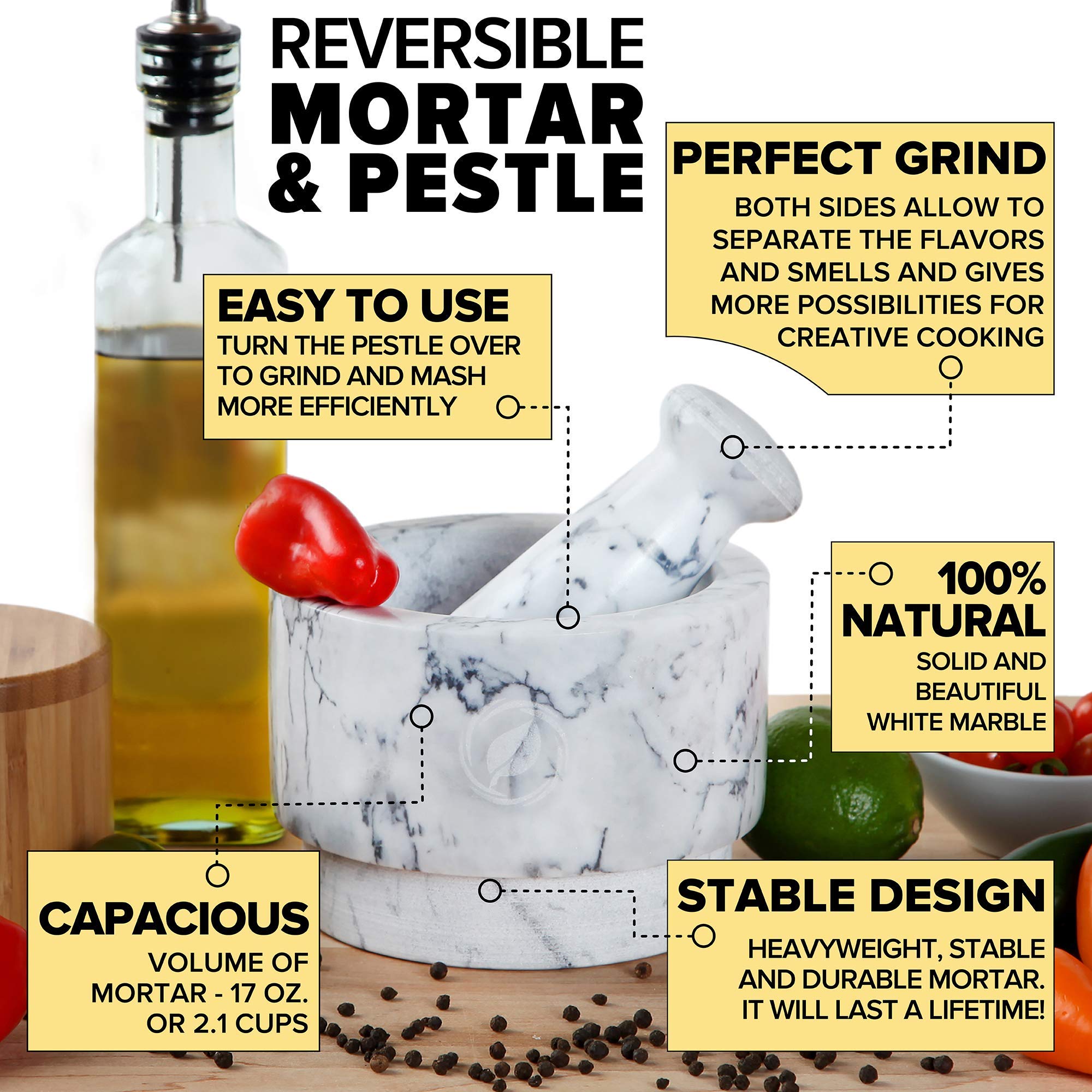 Laevo White Marble Mortar And Pestle Set - Stone Spice Grinder - 2.1 Cup Capacity, 5.5-Inch Reversible Mortar And Pestle Set For