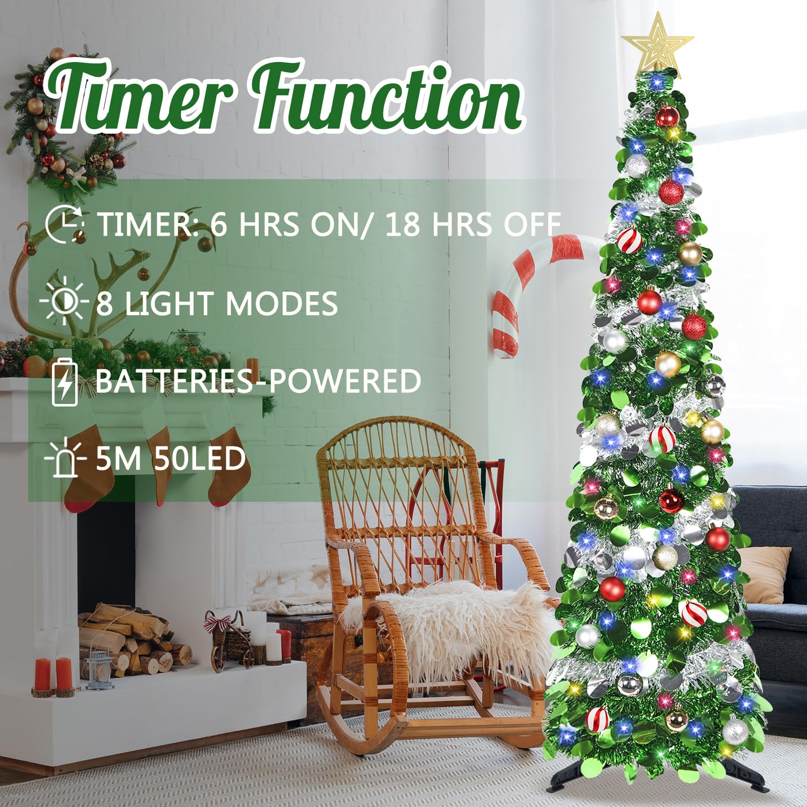 SINTENILL 5 FT Pop Up Christmas Tree with Timer Lights and Decorations, Green Artificial Tinsel Christmas Tree with 24 Ball Orna