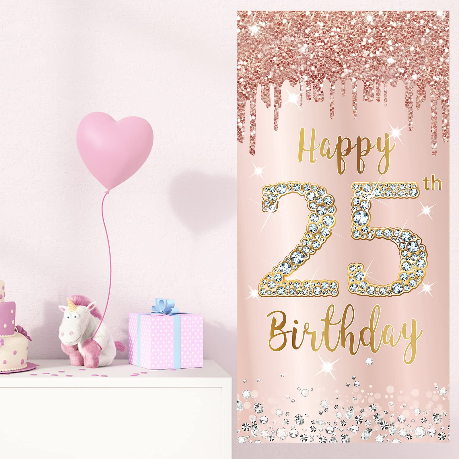 25Th Birthday Door Banner Decorations For Women, Pink Rose Gold Happy 25 Birthday Backdrop Sign Party Supplies, Large 25 Year Ol