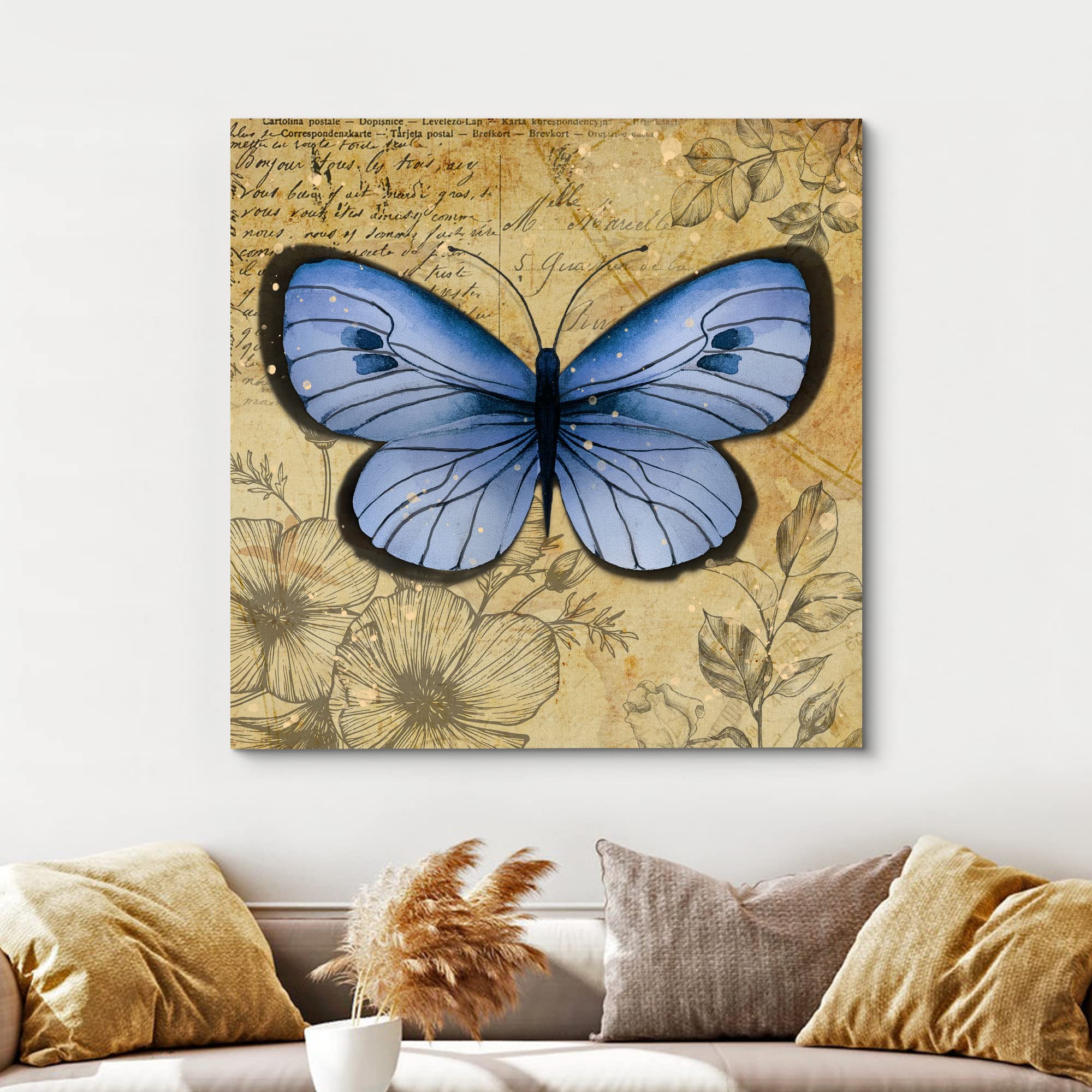 Wall26 Canvas Print Wall Art Pastel Blue Butterfly Floral Pattern Nature Wilderness Rustic Modern Art Farmhouse Decorative Anima
