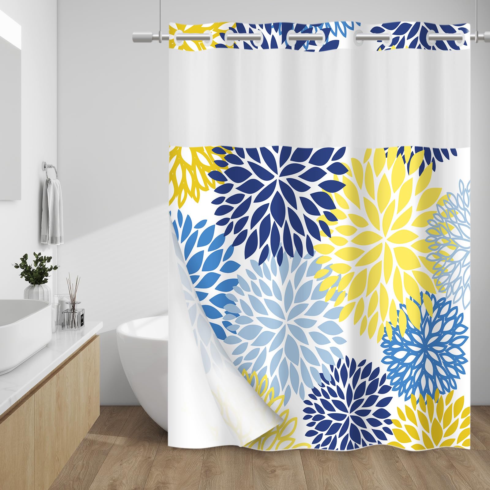 Withloc No Hook Shower Curtain With Snap In Liner - Dahlia Floral Shower Curtain - Fabric Waterproof Inner Liner, Plants Yellow