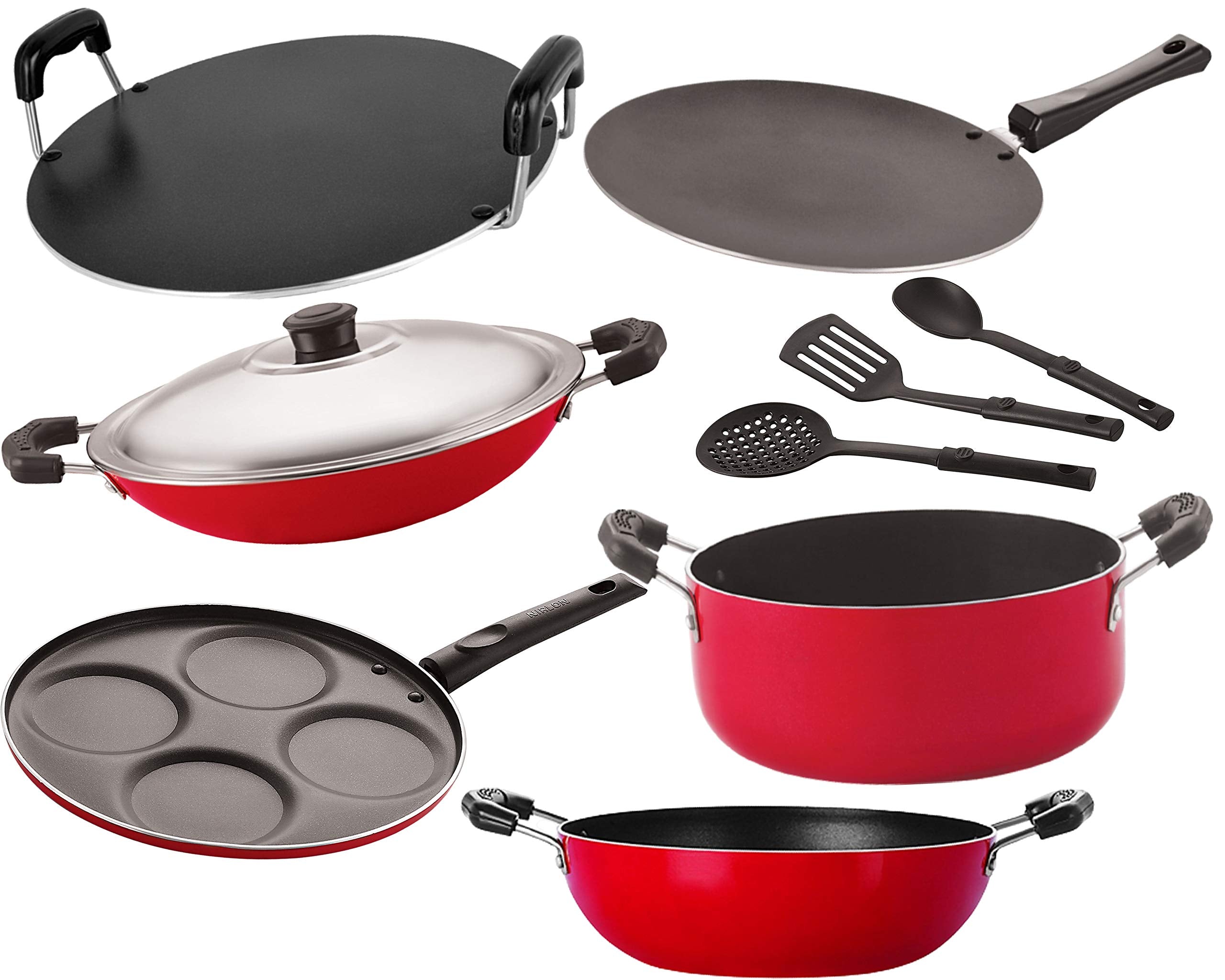 Nirlon Gas Compatible NonStick Cookware Combo Essential Set 9 Pcs [26_Ct_Kd14_Chatti_Rt_Cass20_Up4_3Spn]