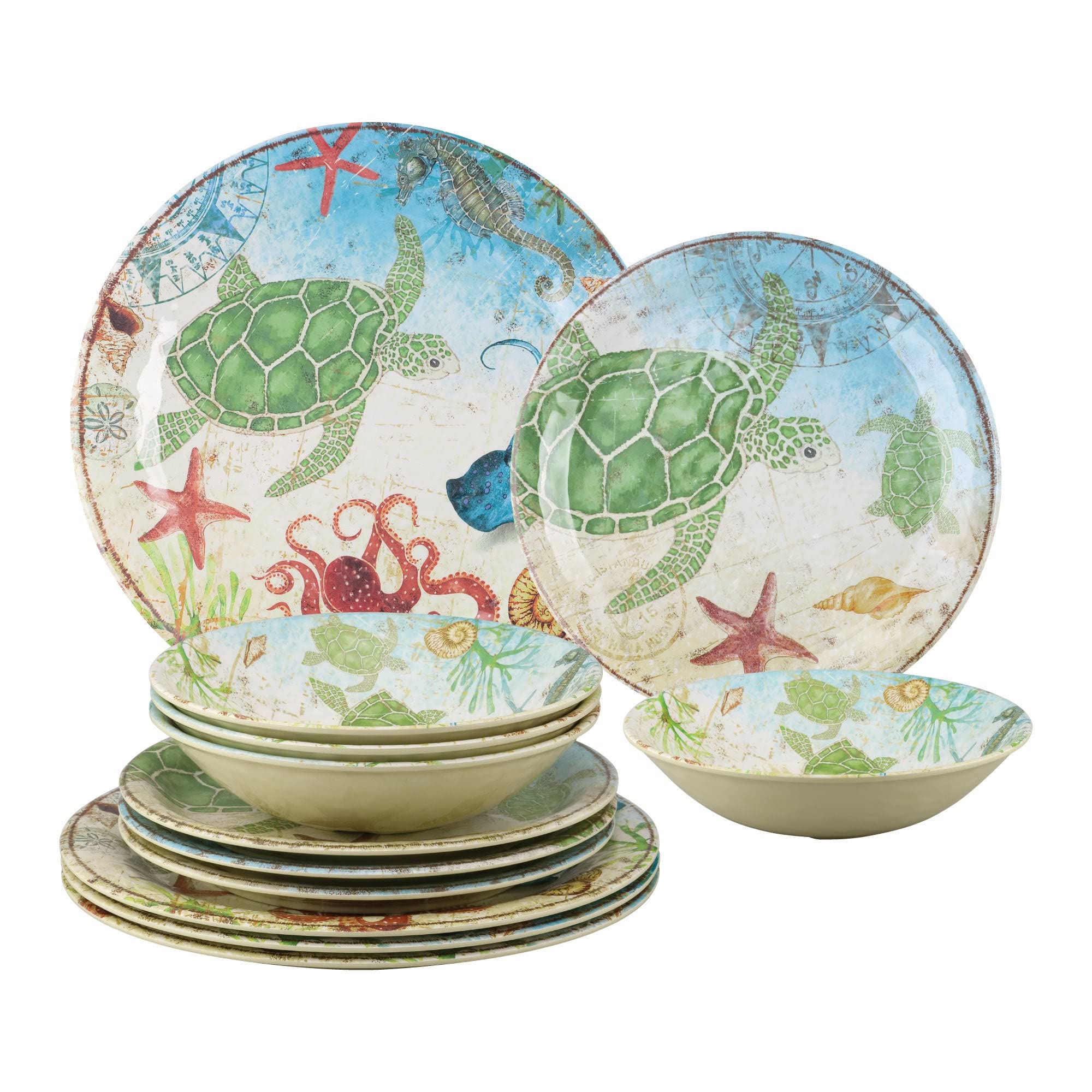 UPware 12-Piece Melamine Dinnerware Set, Includes Dinner Plates, Salad Plates, Bowls, Service for 4. (Sea Turtle)