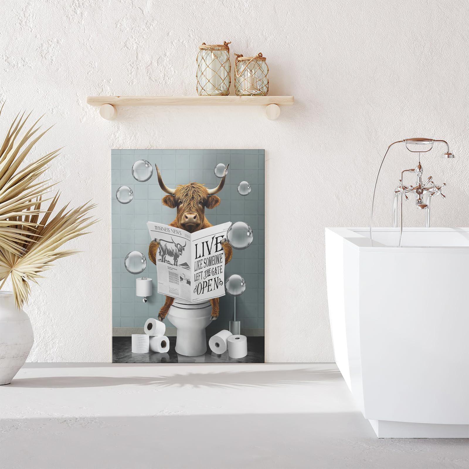 Funny Highland Cow In Toilet Wall Art Bathroom Pictures Wall Decor Farmhouse Bathroom Cow Painting For Toilet Bathroom Animals A