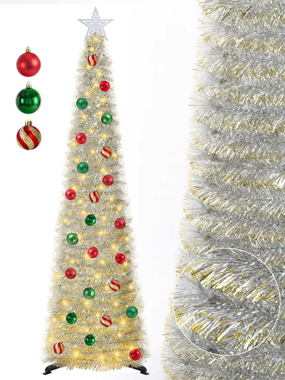 SINTENILL 5 FT Pop Up Christmas Tree with Timer Lights and Decorations, Silver Tinsel Artificial Christmas Tree with 24 Balls Or