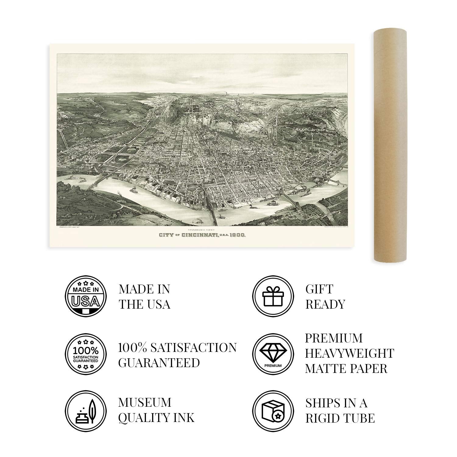 Historix Vintage 1900 Cincinnati Ohio Map - 24X36 Inch Vintage Map Of Cincinnati Wall Art - Old Cincinnati Poster - Historic Cin