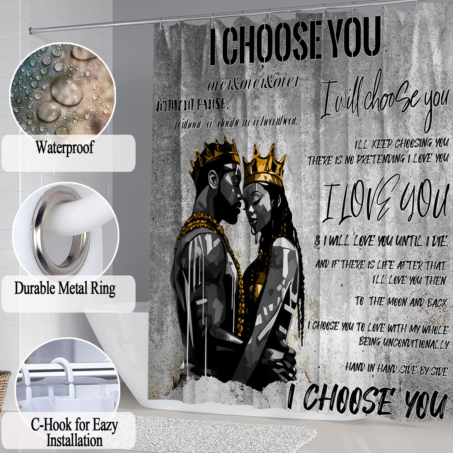 Omebero Romantic Black Couples Bathroom Sets With Shower Curtain And Rugs Toilet Lid Cover Bath Mat, Full In Love Black Man Wome