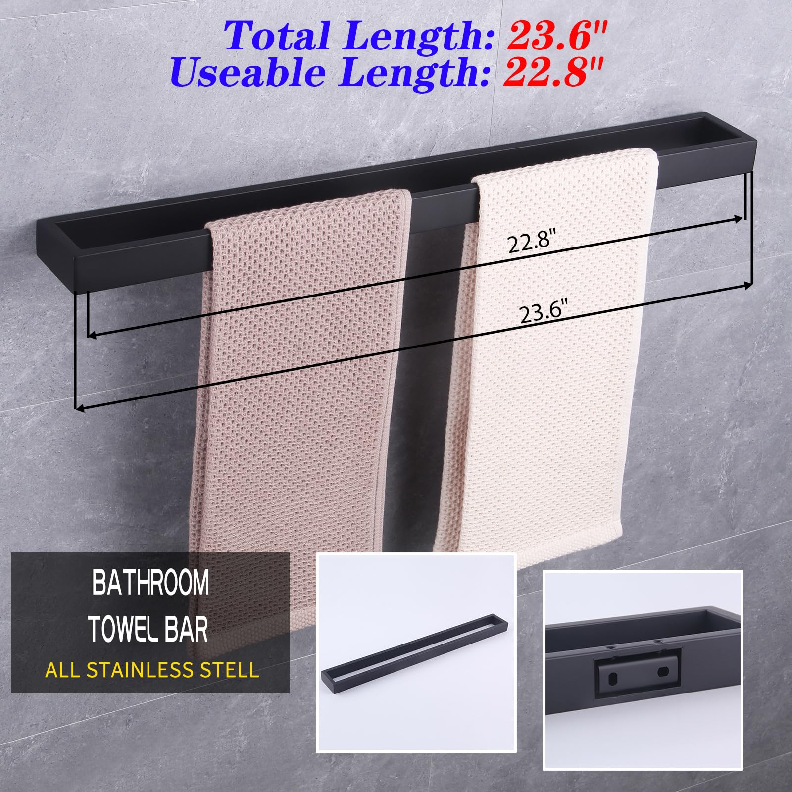 GERZWY 24-Inch Bathroom Towel Bar Stainless Steel Bath Towel Rack Contemporary Style Wall Mount Matte Black HG1701(60)-BK