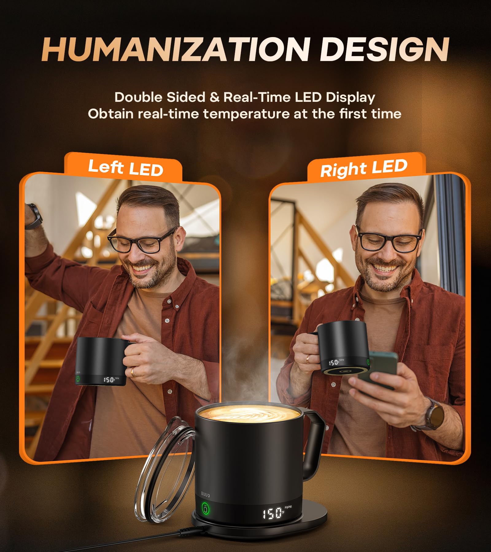 buuo Self Heating Coffee Mug - 14 Oz, Temperature Control, LED Display, Black, Premium Stainless Steel with Ceramic Coating