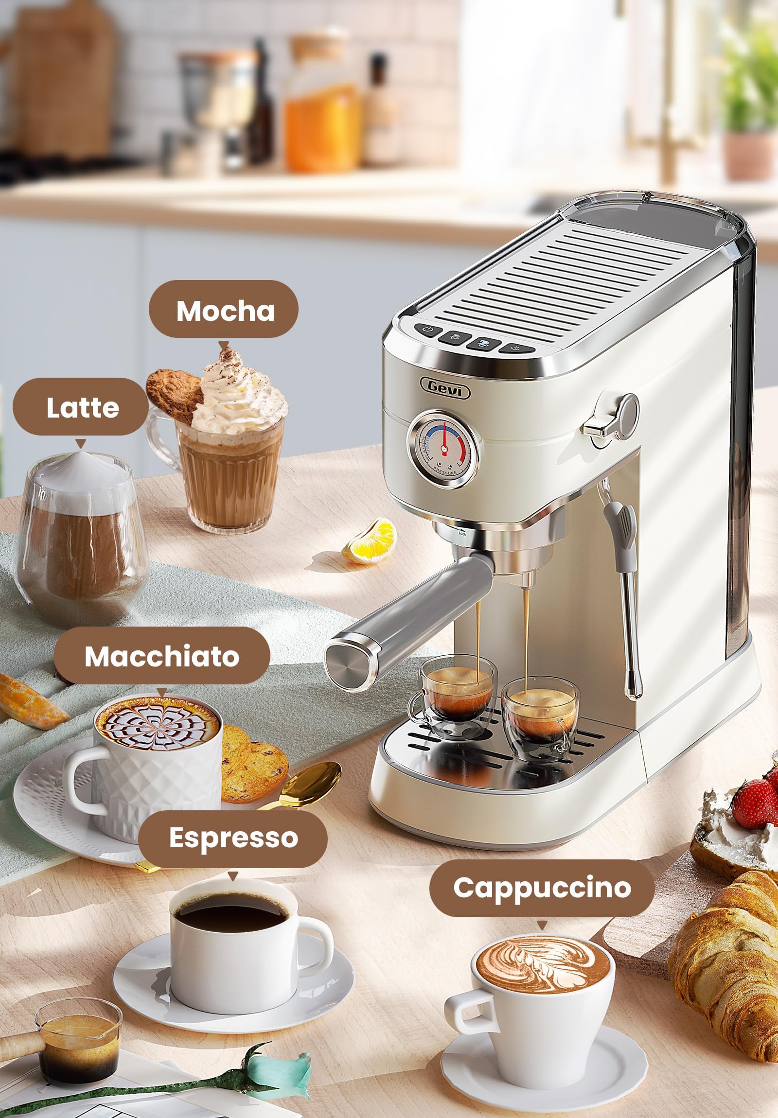 Gevi Commercial Espresso Maker - Stainless Steel Latte Machine with Milk Frother, 12.3"D x 5.5"W x 12"H, Beige, Model ECMG0-WH0A