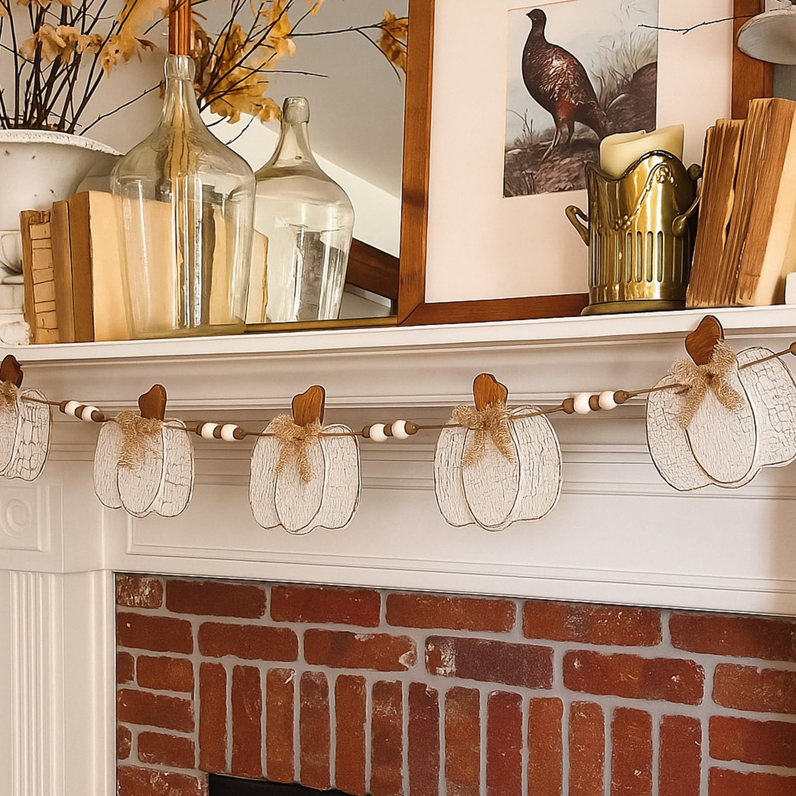 Cinnvoice 8.2 ft Fall Decorations Wooden White Pumpkin Garland Rustic Farmhouse Wood Bead Garland Cracked Pumpkin Thanksgiving B