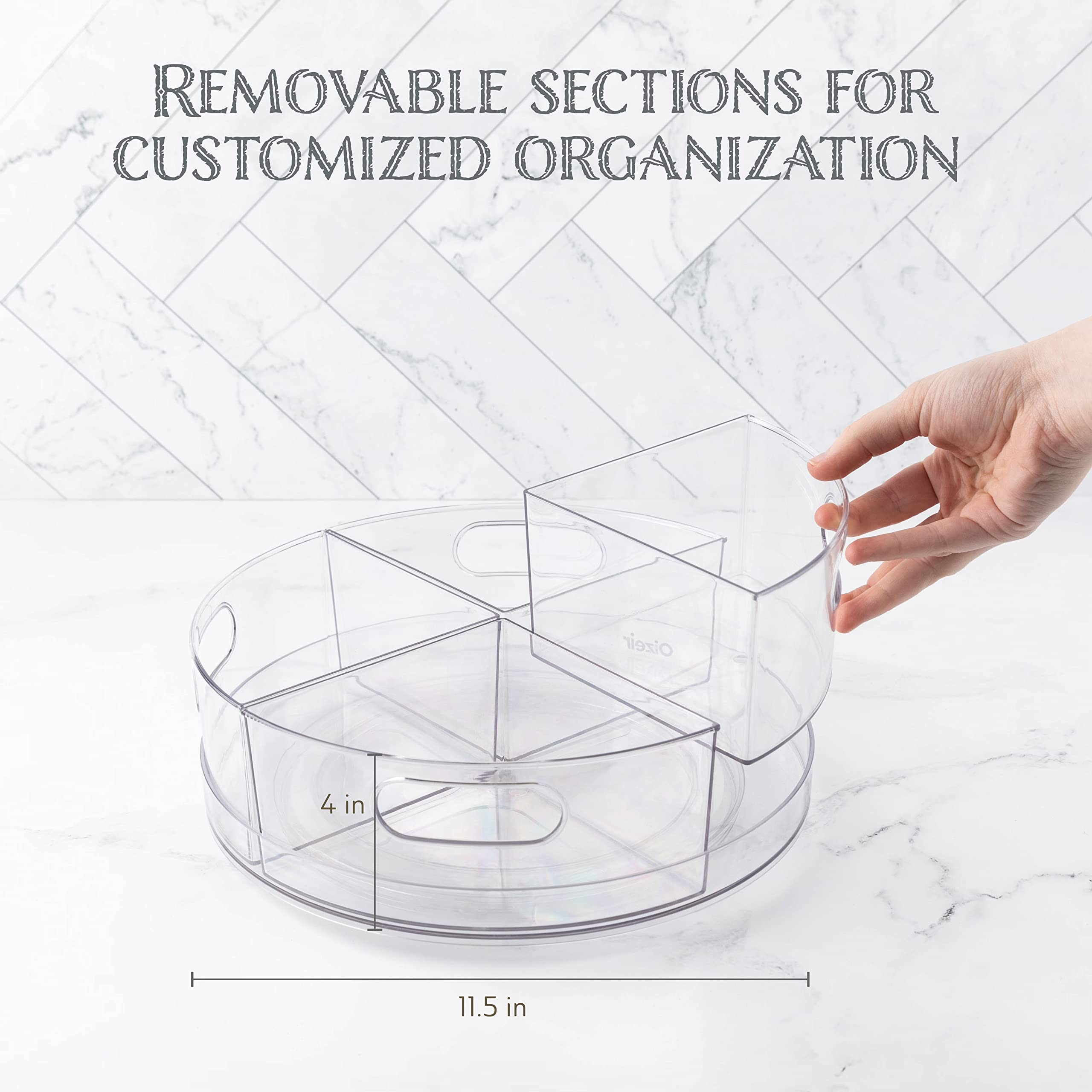 Oizeir Lazy Susan Turntable - Clear Acrylic, Removable Sections, Rotates 360 Degrees. Easily Organize Your Fridge, Cabinet Or Co