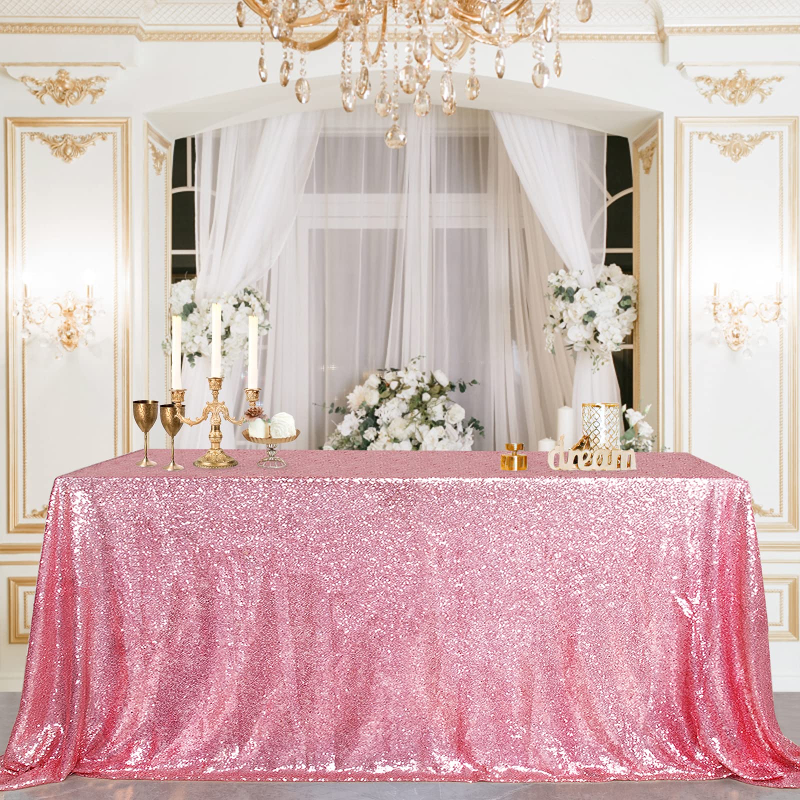 B-COOL Sequined Tablecloth Sparkly Party Decoration Fuchsia Pink - Rectangle Table Cloths for Birthday Baby Bridal Shower Prom E