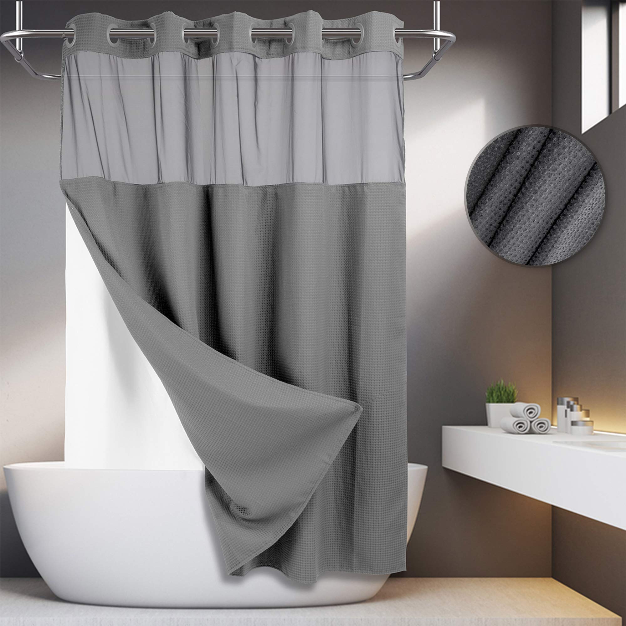 No Hooks Required Waffle Weave Shower Curtain With Snap In Liner - 71W X 74H,Hotel Grade,Spa Like Bath Curtain,Gray