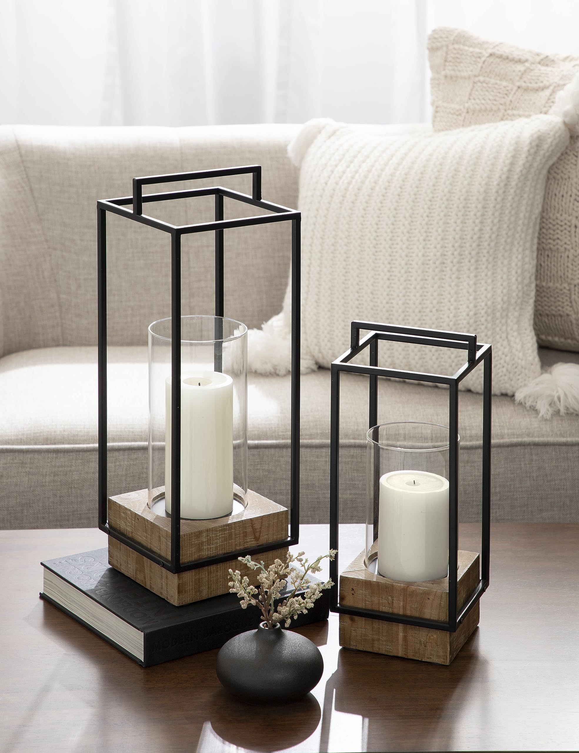 Kate and Laurel Brandt Farmhouse Two-Piece Candle Holder Set, 7 x 7 x 19, Hazelnut and Black, Transitional Wood and Metal Lanter