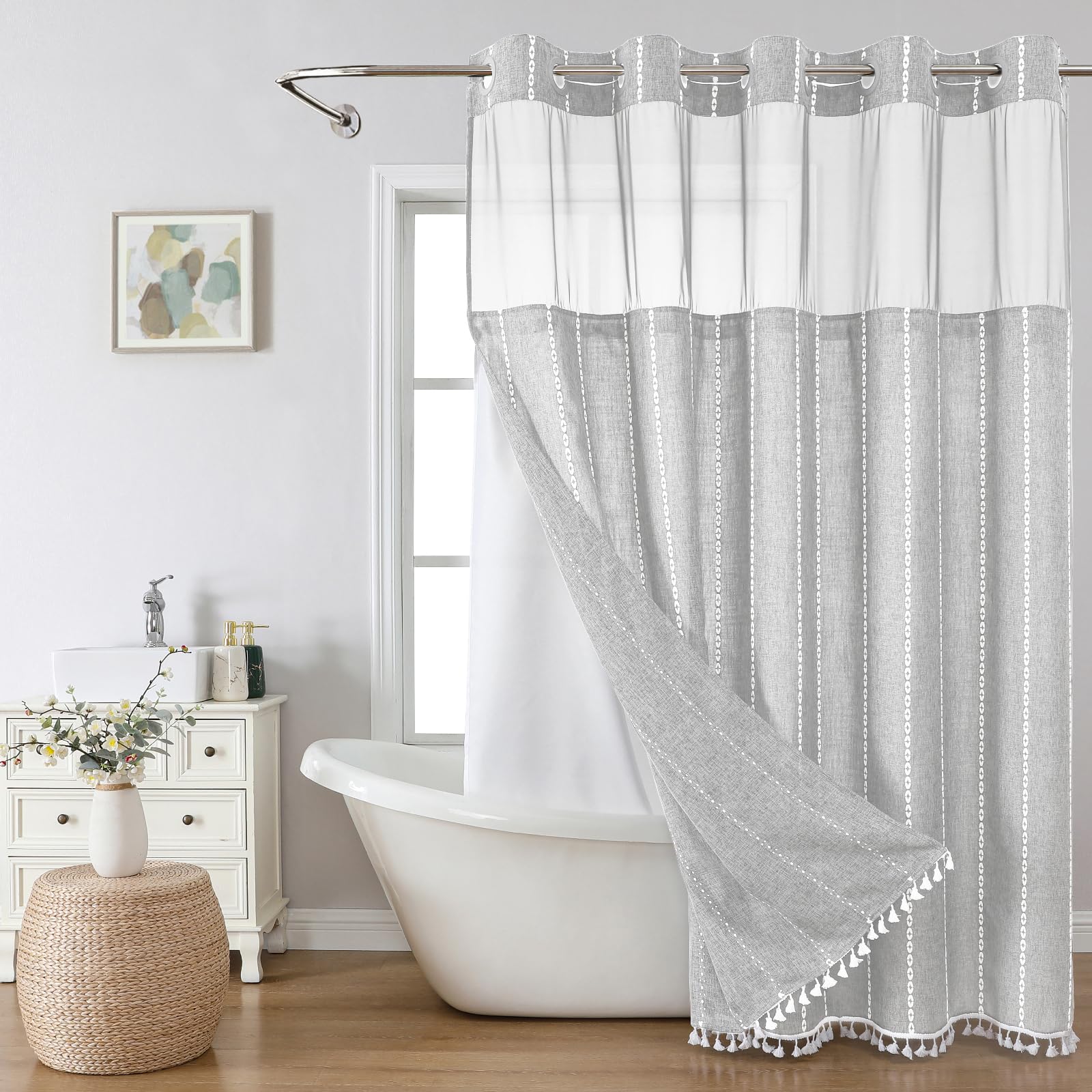 Eachope Grey Farmhouse No Hook Shower Curtain Set With Snap-In Fabric Liner,Boho Heavy-Duty Linen Textured Rustic Striped Design