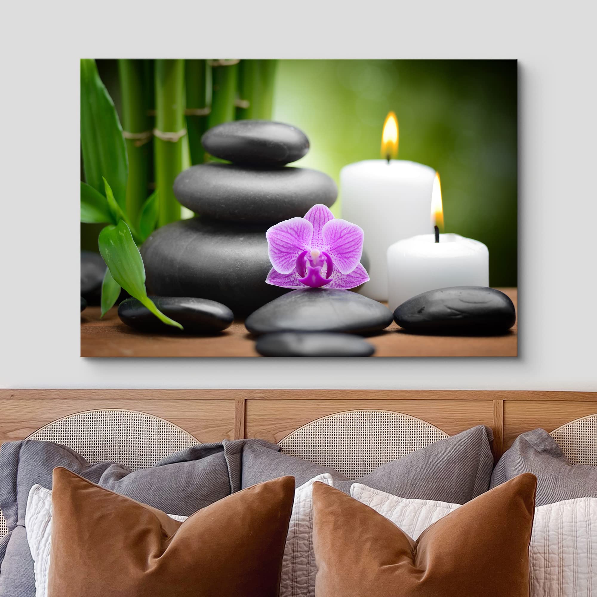 Wall26 Canvas Print Wall Art Purple Orchid With Candles, Massage Stones & Bamboo Floral Nature Photography Realism Zen Scenic Re