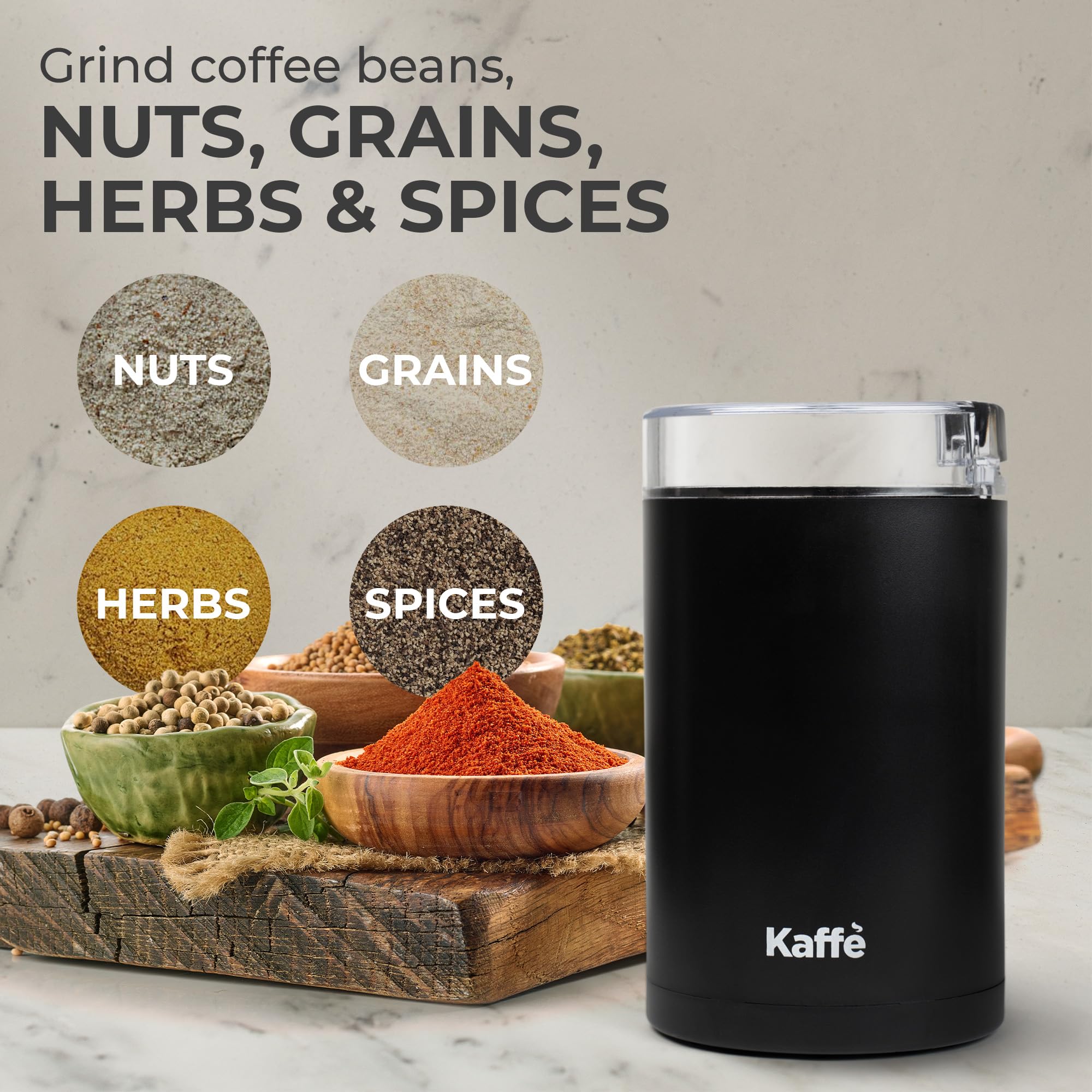 Kaffe Coffee Grinder Electric - Spice Grinder w/Cleaning Brush  Easy On/Off - Perfect for Espresso  Herbs  Spices  Nuts  Grain - 3.5oz / 14 Cup. Matte Black