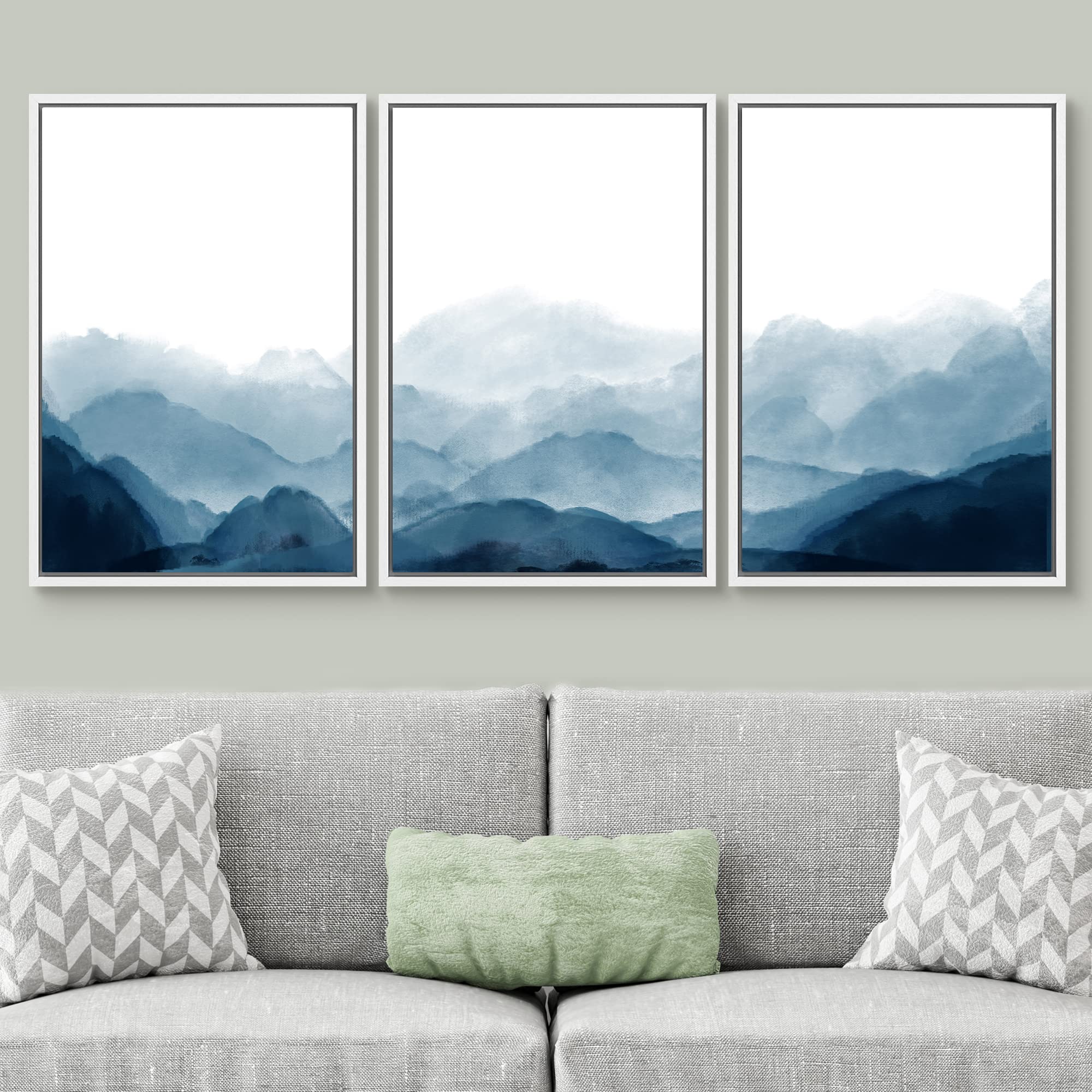 Signwin Framed Canvas Print Wall Art Blue Watercolor Mountains In Fog Nature Wilderness Modern Art Rustic Cool For Living Room,