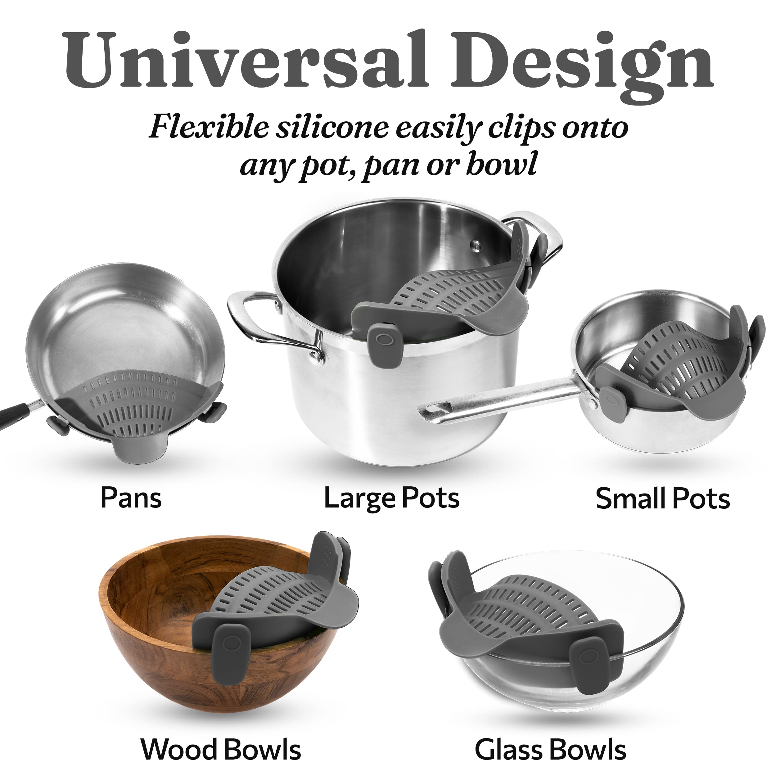 Kitchen Gizmo Snap N' Strain - Silicone Clip-On Colander, Heat Resistant Drainer For Vegetables And Pasta Noodles, Kitchen Gadge