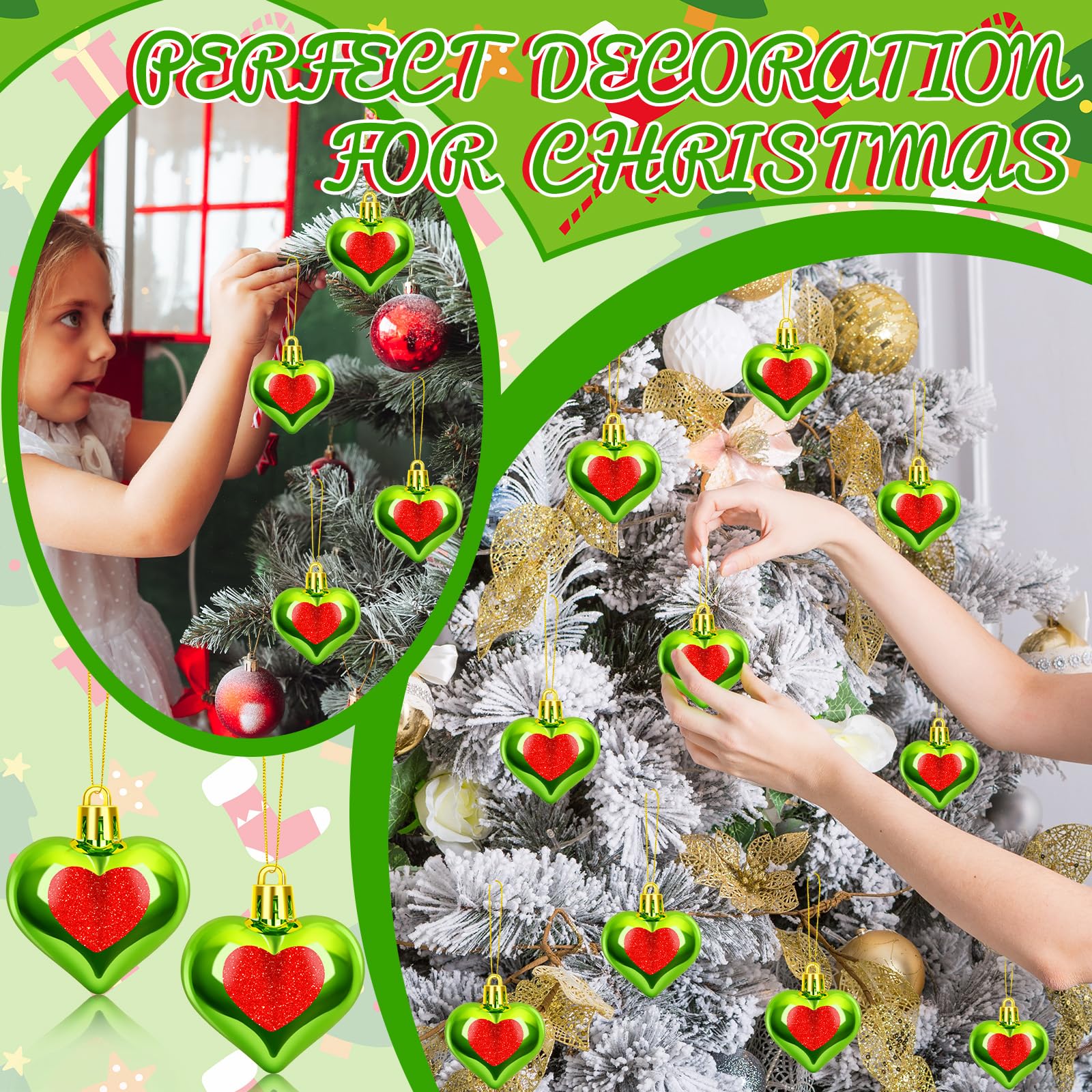 48 Pcs Christmas Green Heart Ornaments Green Heart Christmas Tree Hanging Ornaments for Xmas Tree Holiday Parties Decor