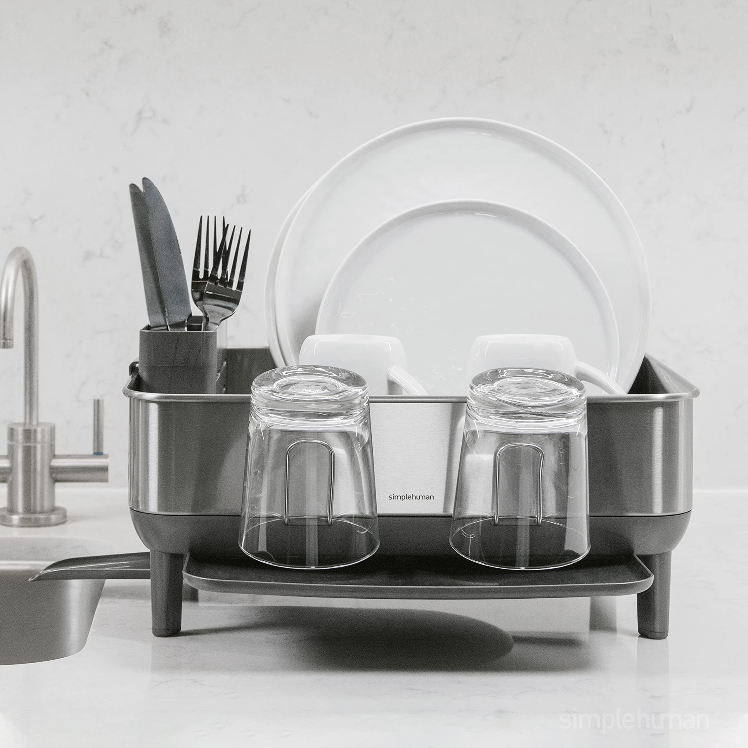 Simplehuman Compact Kitchen Dish Drying Rack With Swivel Spout, Fingerprint-Proof Stainless Steel Frame, Grey Plastic