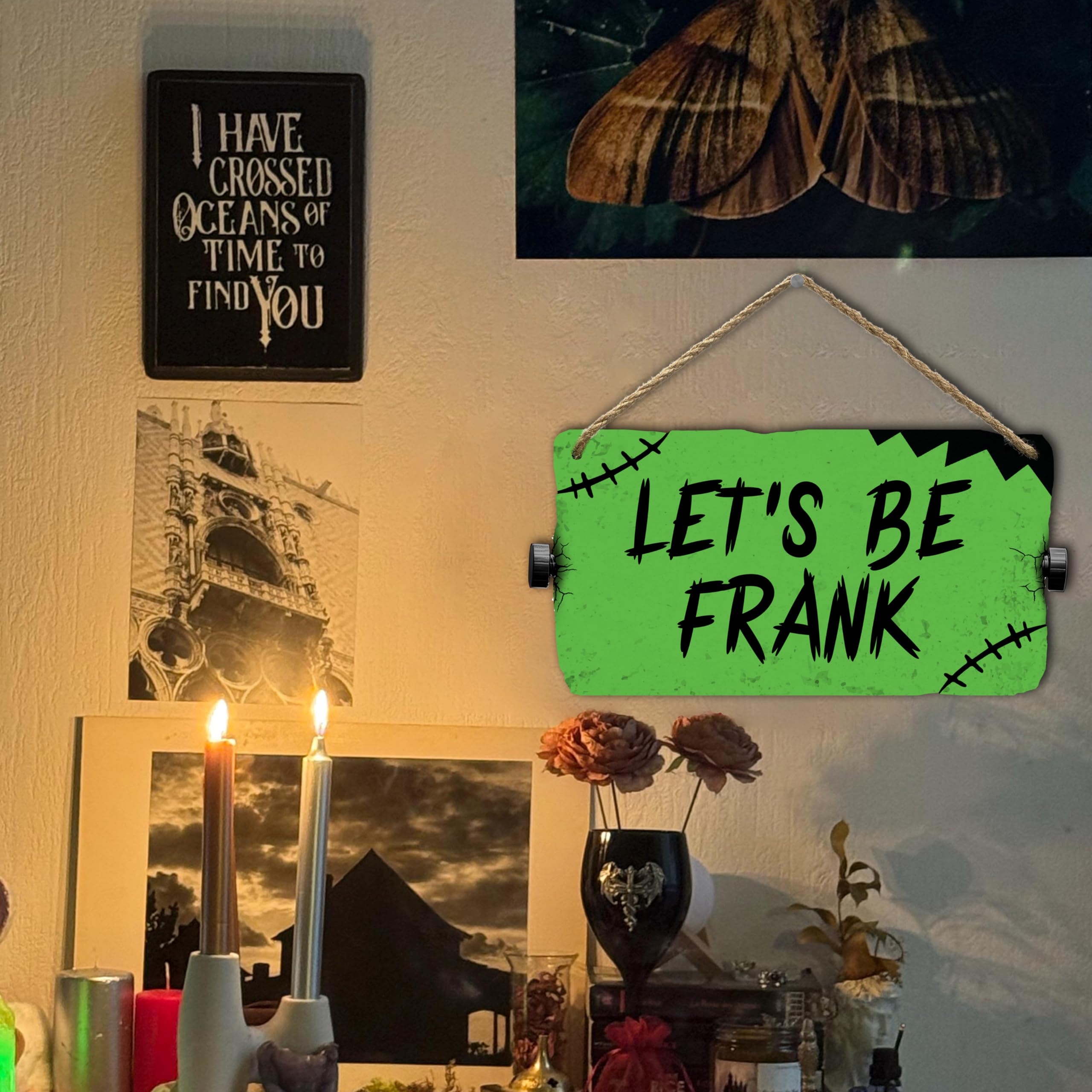 flinelife Let's Be Frank Sign, 12x6, Horror Movie Sign, Wreath Sign for Indoor Outdoor Use