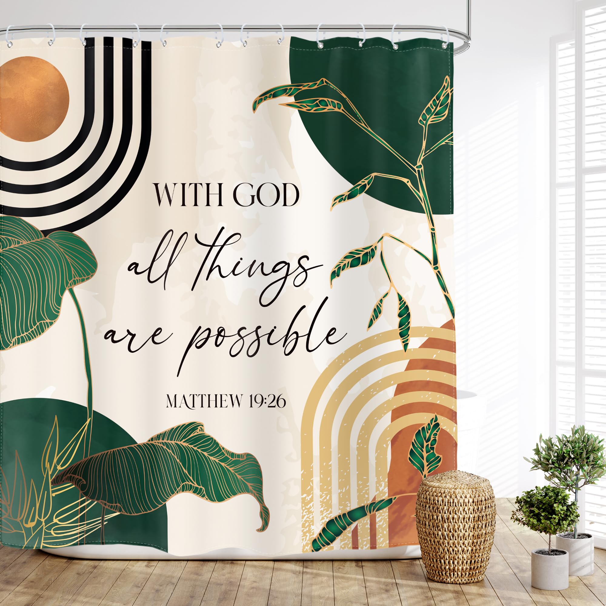Glawry Green Boho Bible Verse Shower Curtain Christian Scripture Inspirational Quotes Abstract Tropical Palm Bathroom Mid Centur