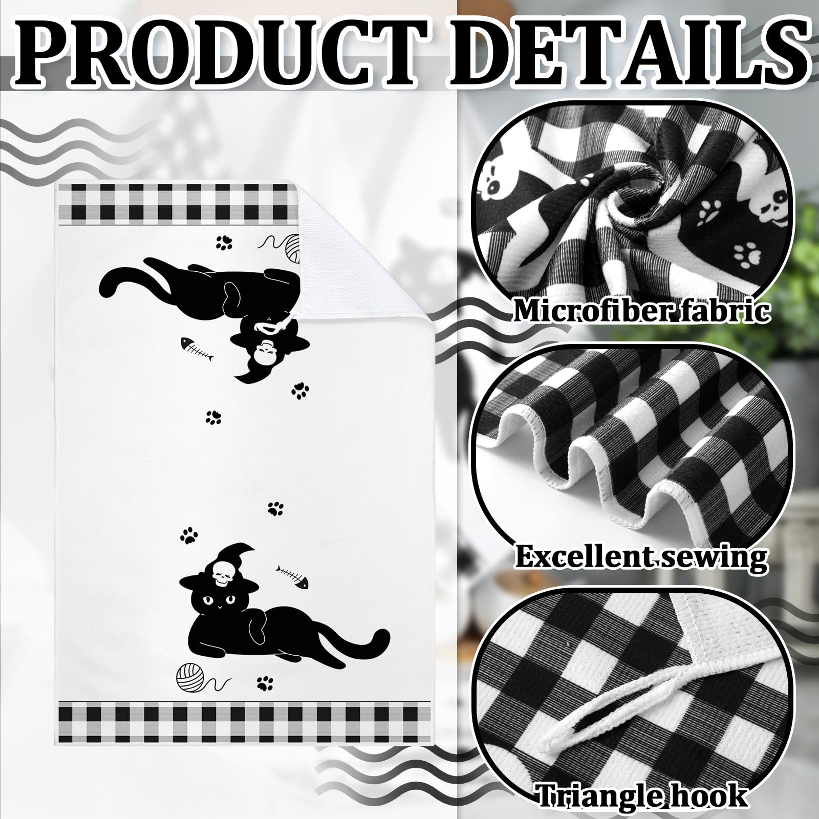 Bencailor 6 Pcs Spooky Christmas Kitchen Towels Cute Skull Black Cat Gothic Christmas Dish Hand Towels Skeleton Tea Washcloth fo