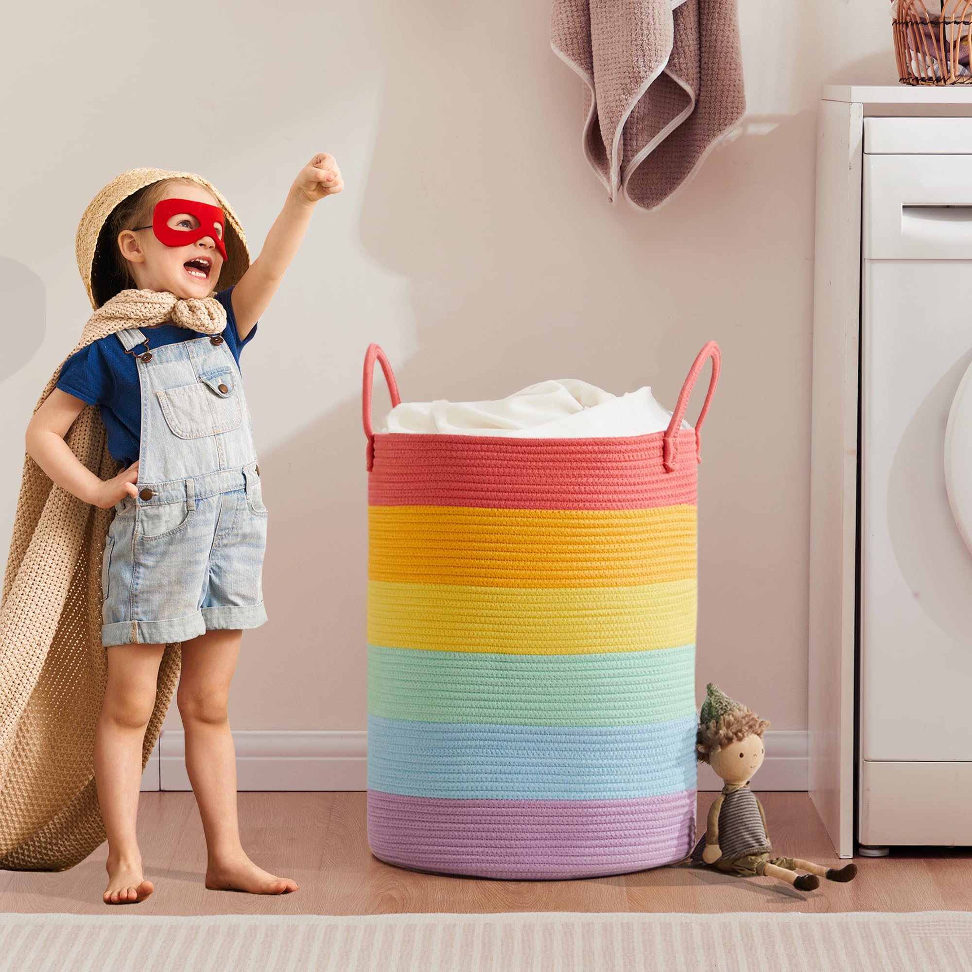 Mojoscend Rainbow Laundry Basket Hamper For Kids, 15Dx20H Inches Clothes Hamper For Girls Room, Toy Hamper Storage