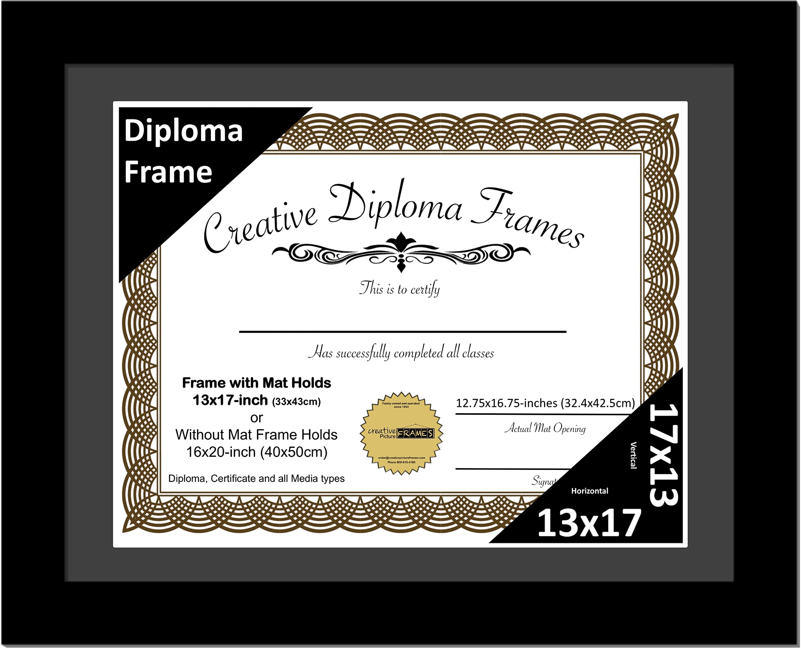 Creative Picture Frames 13x17 Classic Black Diploma Frame with Black Mat Glass Easel and Installed Wall Hangers | Frame Holds 16