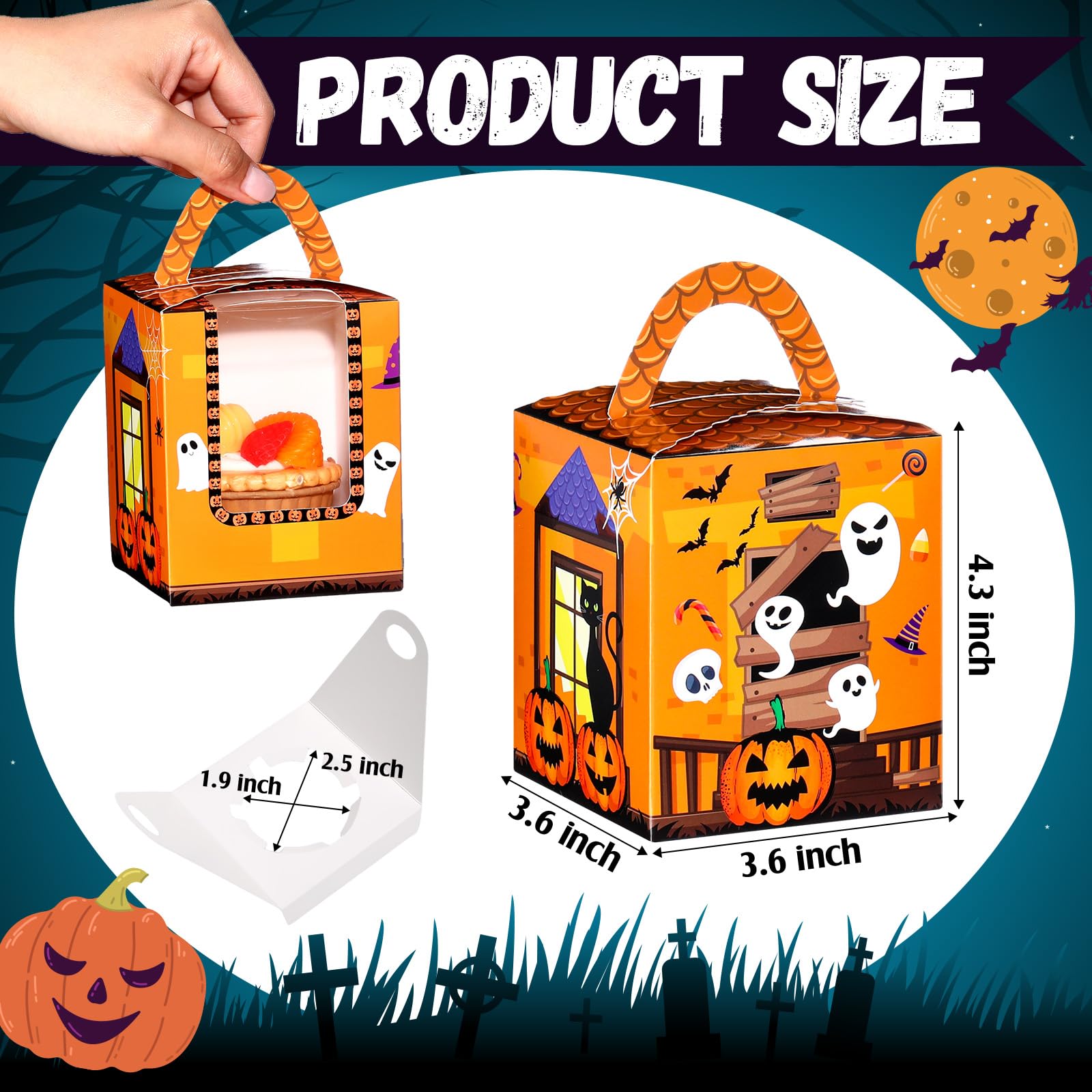 Qeeenar 60 Pieces Halloween Cupcake Boxes Halloween Individual Carriers Party Boxes with Clear Window for Cupcake Candies Gifts