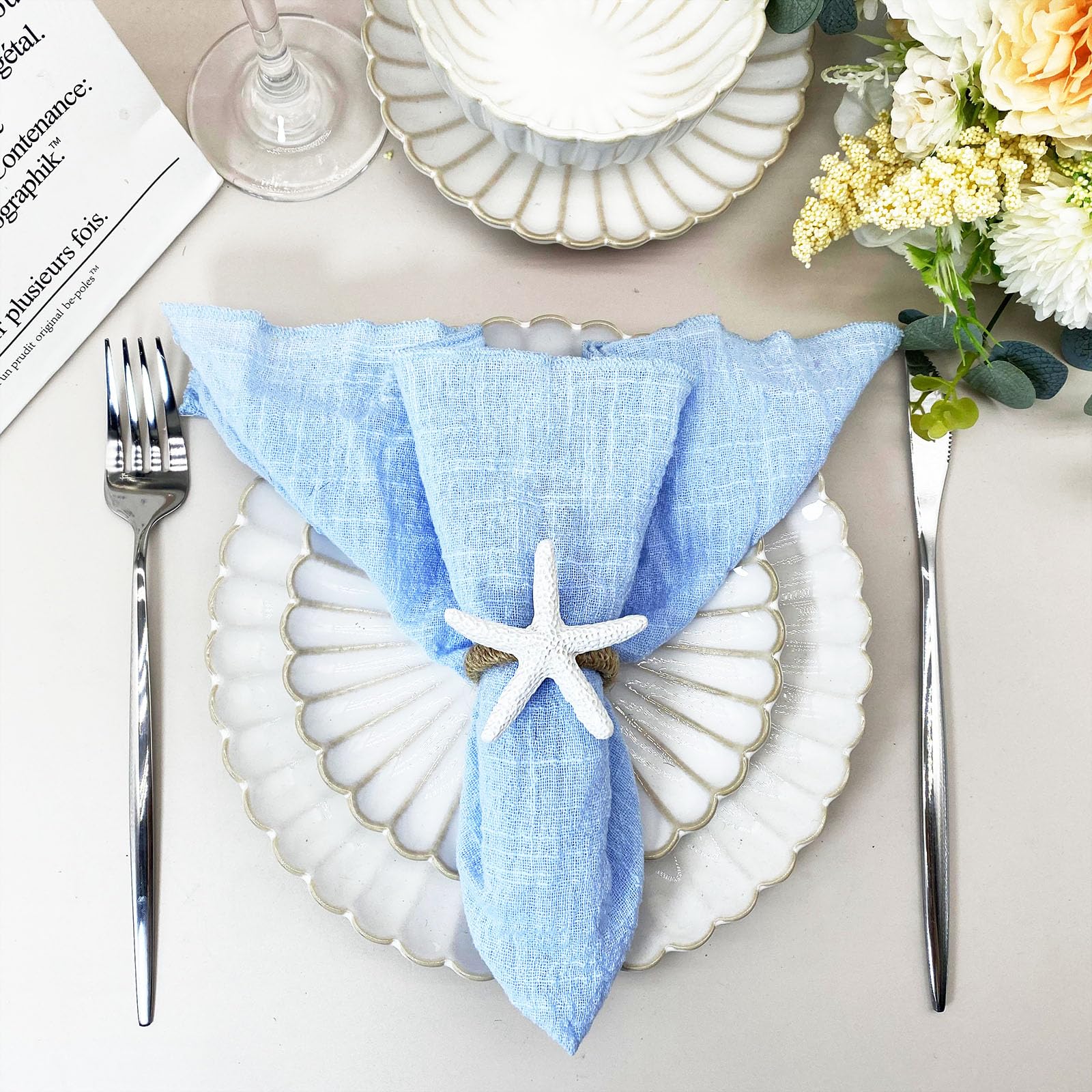 Wingfish Starfish Napkin Rings Set Of 12 White Sea Star Napkin Rings Bulk For Coastal Beach Dinning Table Decoration, Cute Napki