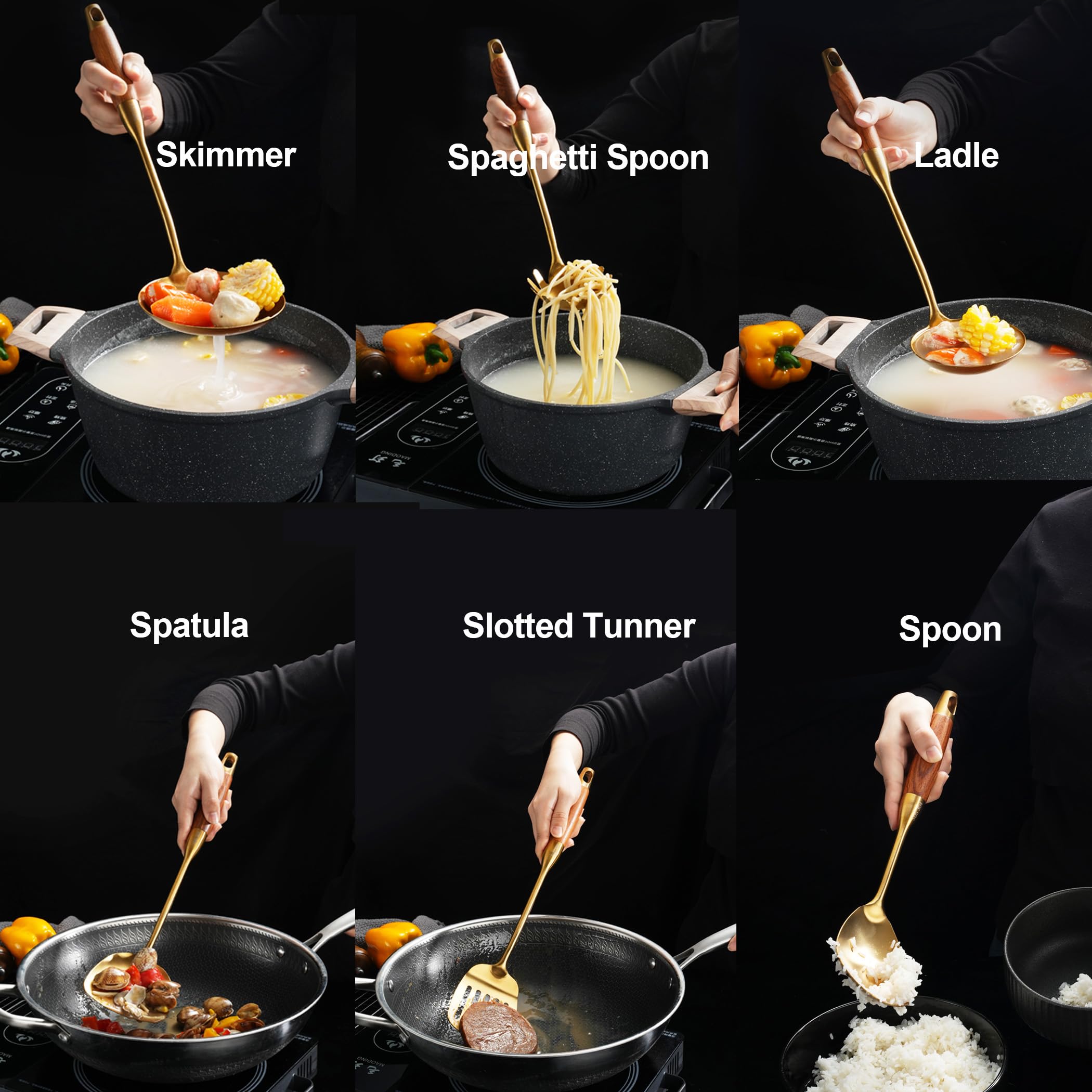 Niitawh Gold Kitchen Utensils Set, 9 Pcs 304 Stainless Steel Cooking Tools Wood Handle, Solid Spoon, Slotted Spoon, Fork, Spatul