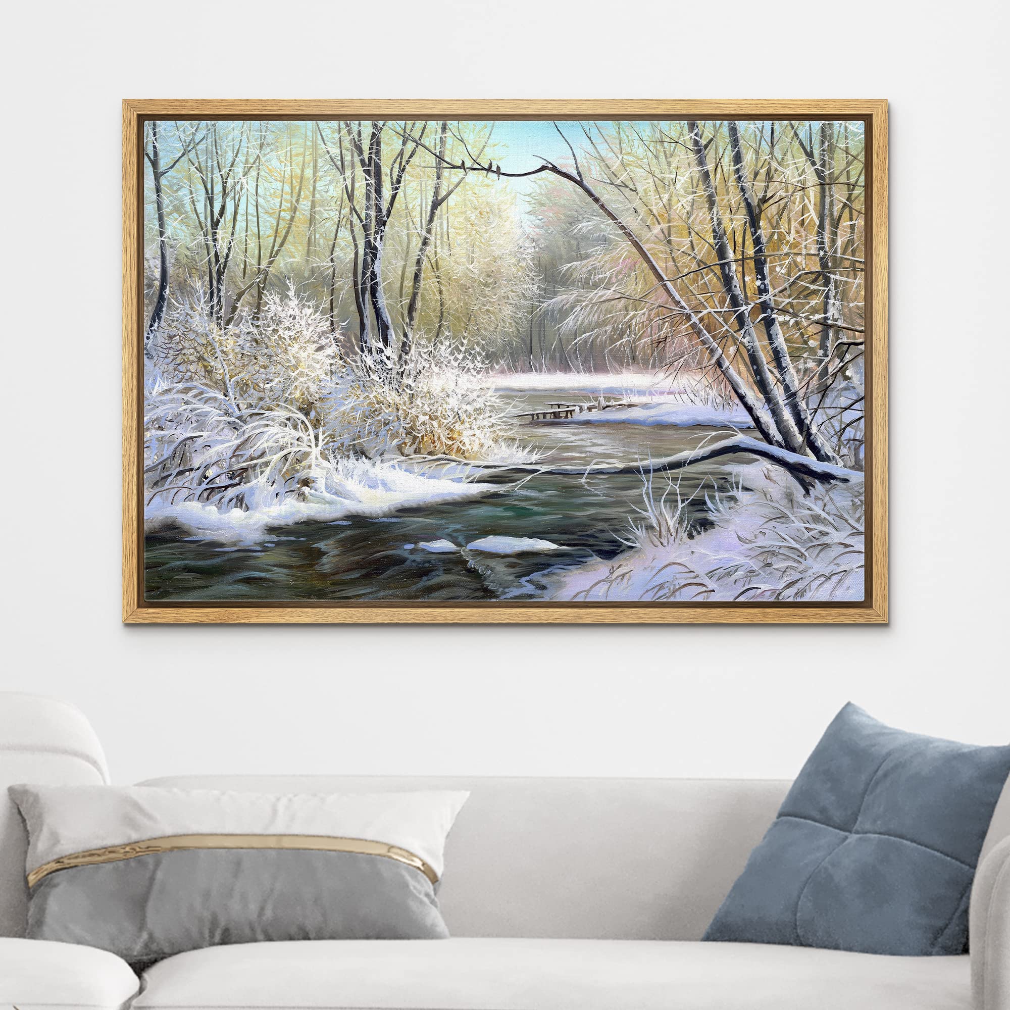 Wall26 Framed Canvas Print Wall Art Winter River In Snowy Forest Nature Wilderness Illustrations Modern Art Rustic Scenic Colorf