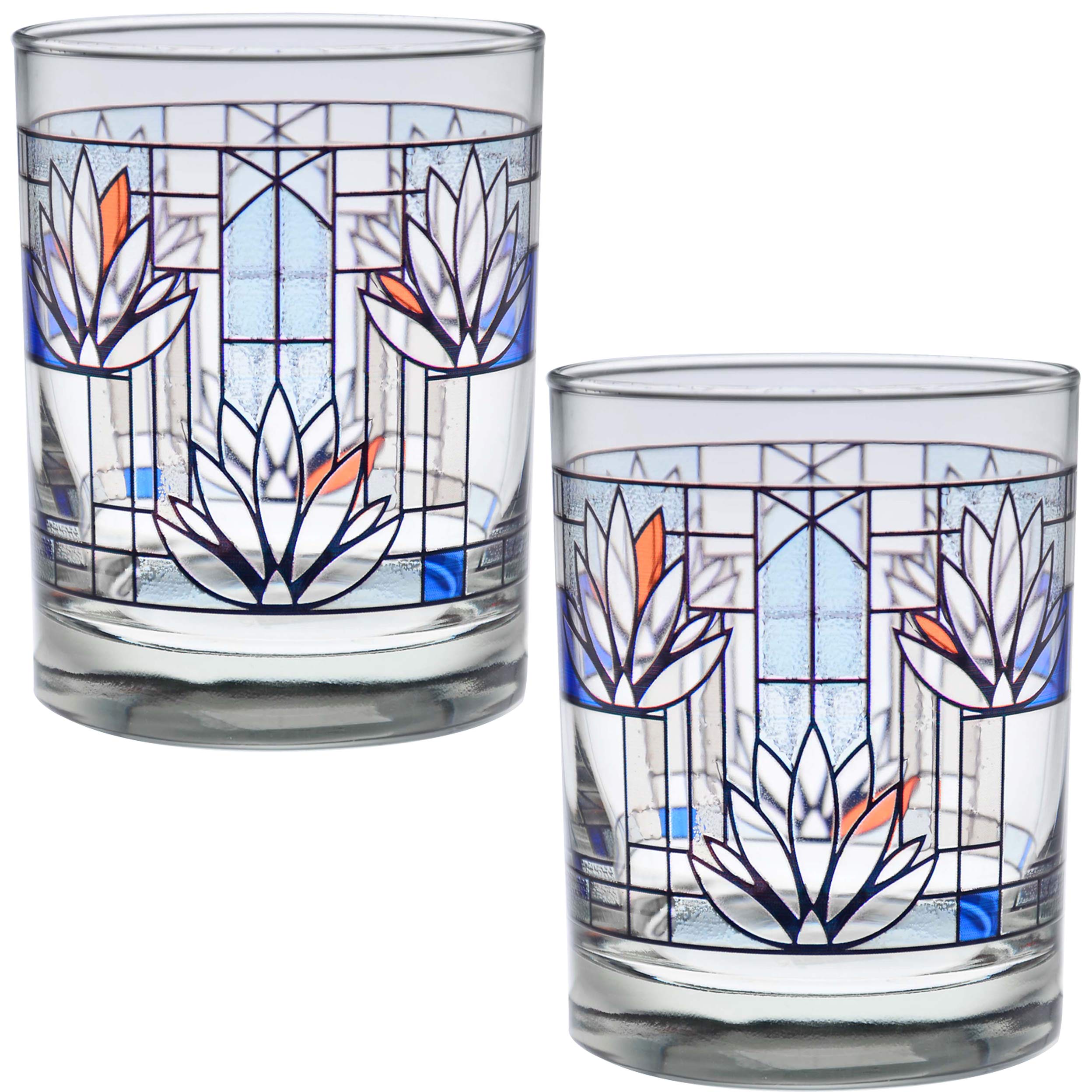 Frank Lloyd Wright Dof Double Old Fashioned Glass 14-Ounce (Gift Boxed Set Of 2, Waterlilies)