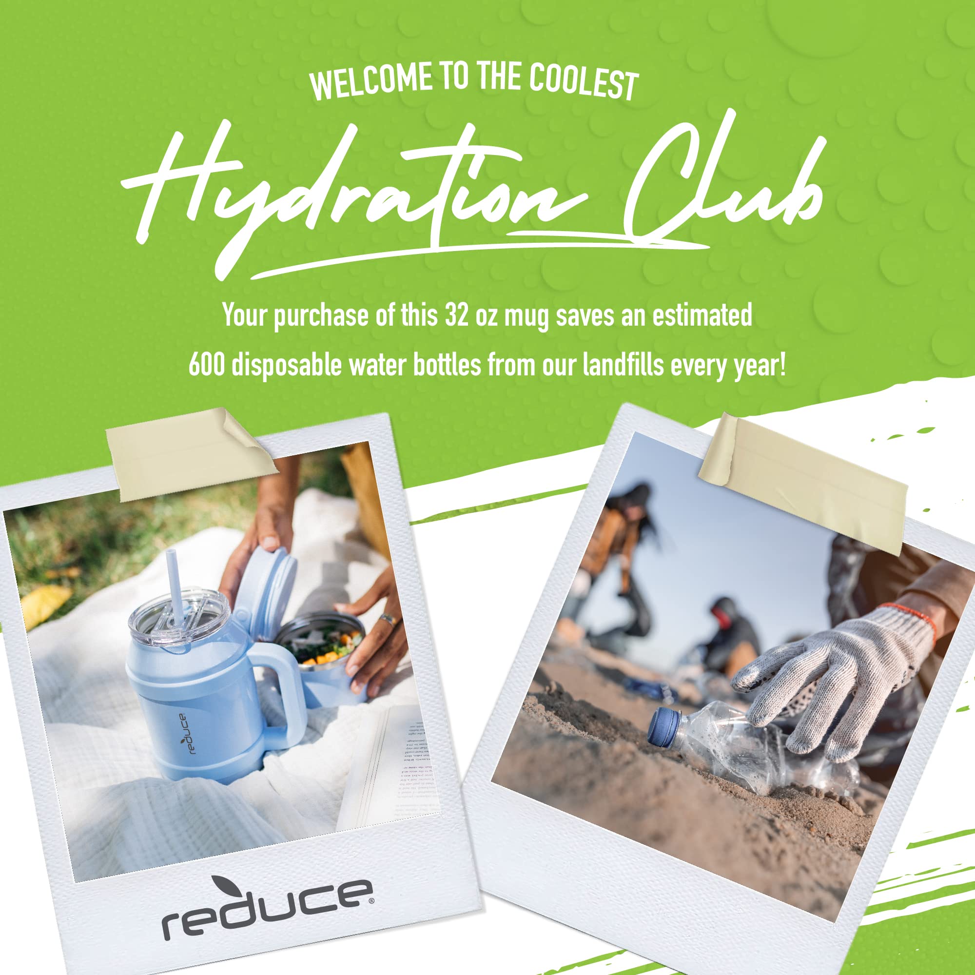 REDUCE Reusable 32 oz Cold1 Water Tumbler - Ergonomic Handle - Double-Wall Insulation - Sturdy Desktop/Tabletop Mug with Lid and