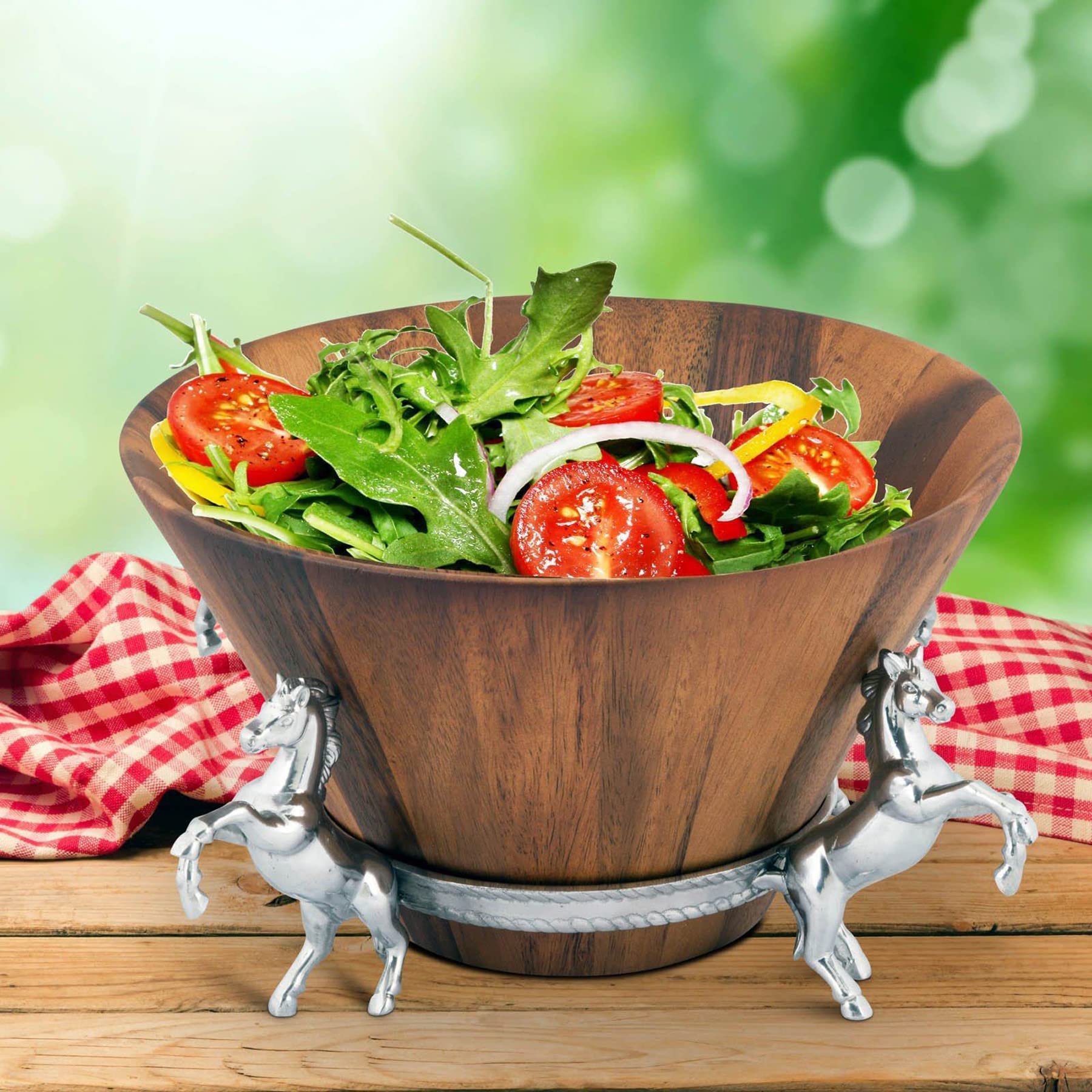 Arthur Court Designs Wood Salad Bowl With Aluminum Horse Stand 12 Inch Diameter X 7 Inch Tall