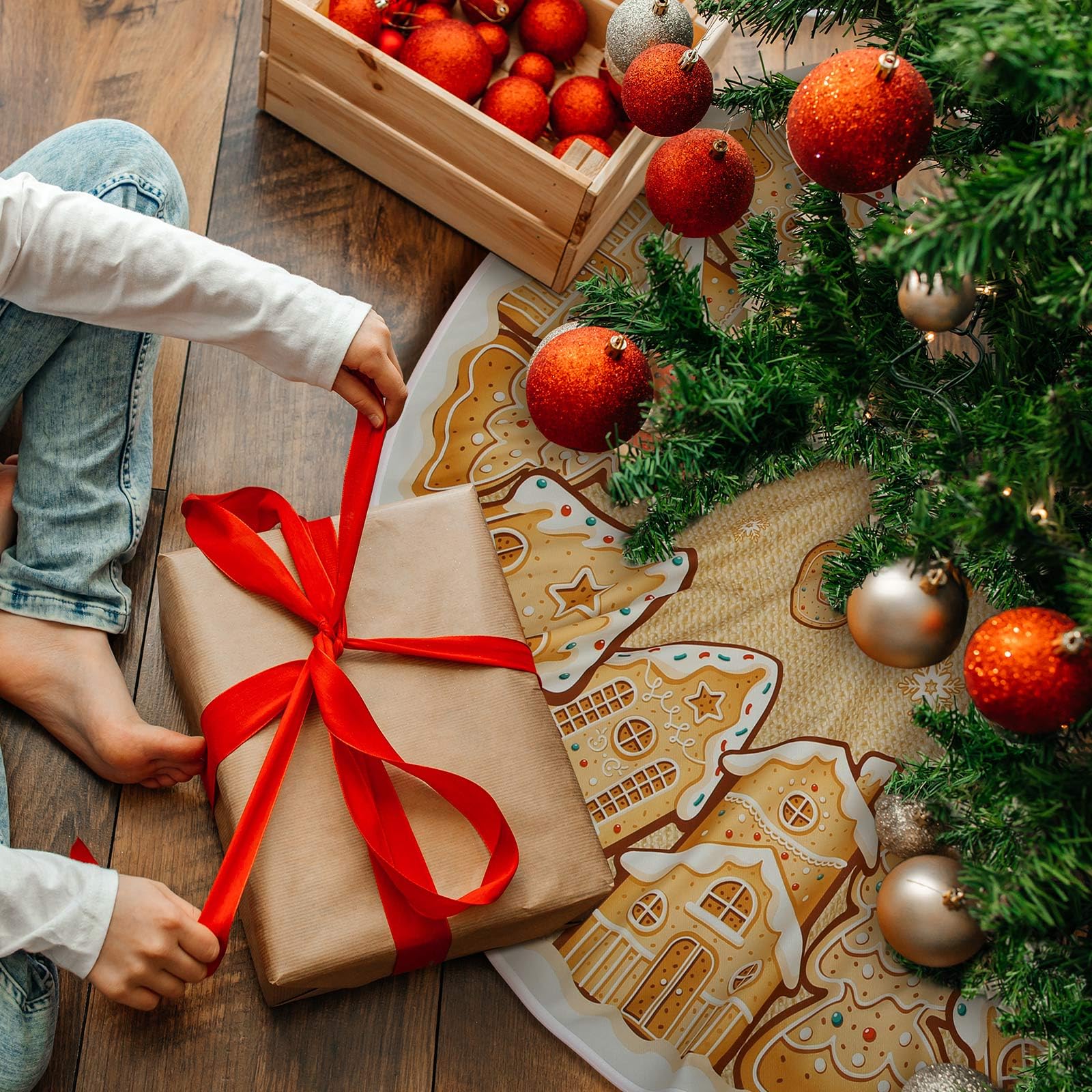 Motionchic 48 Inches Christmas Tree Skirt Gingerbread House Pattern Christmas Tree Mat Cookies Sugar Candy Ornaments Decorations